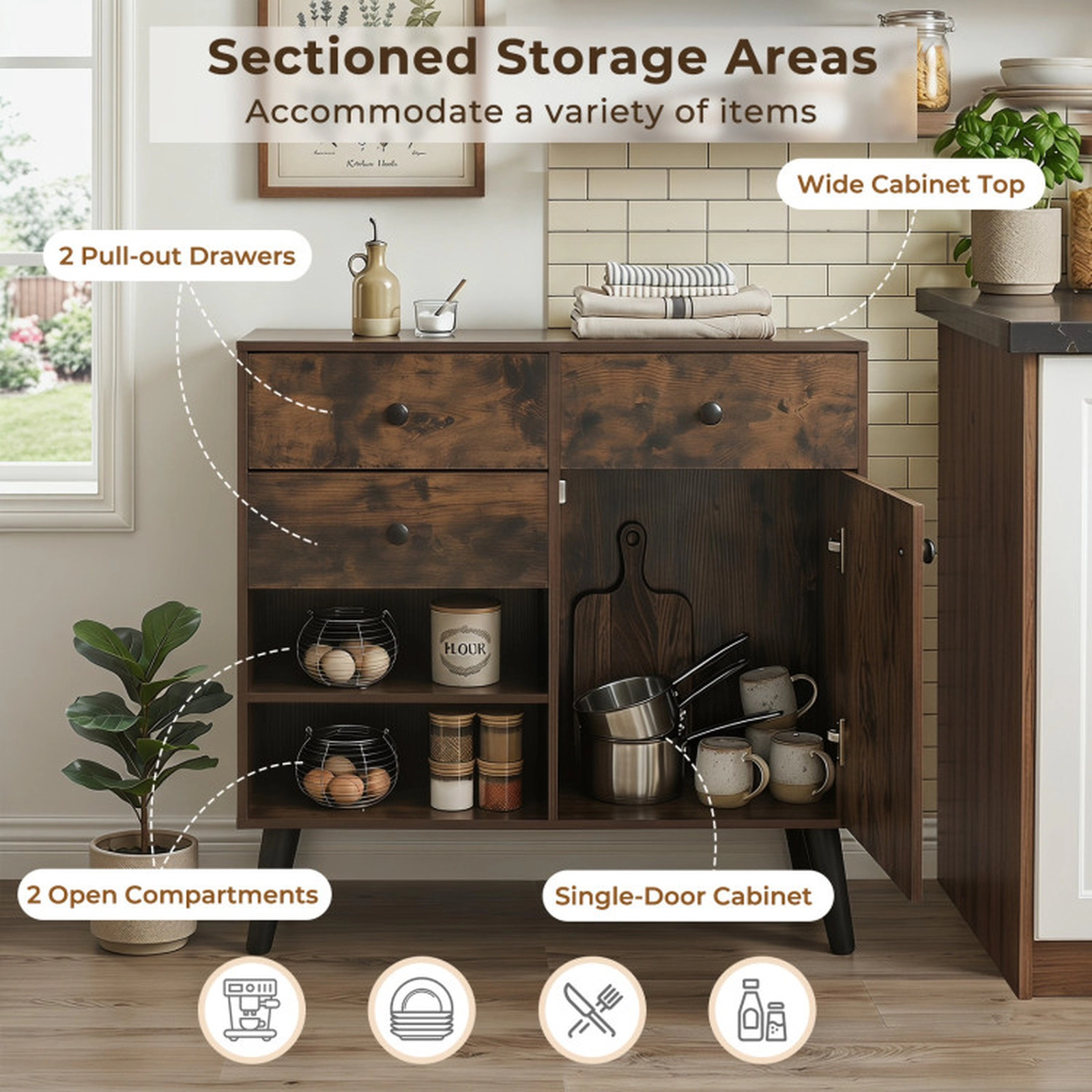 SUGIFT 31-in Sideboard Cabinet with 2 Open Compartments 2 Drawers and Single-Door Cabinet 135-lb Capacity Rustic Brown