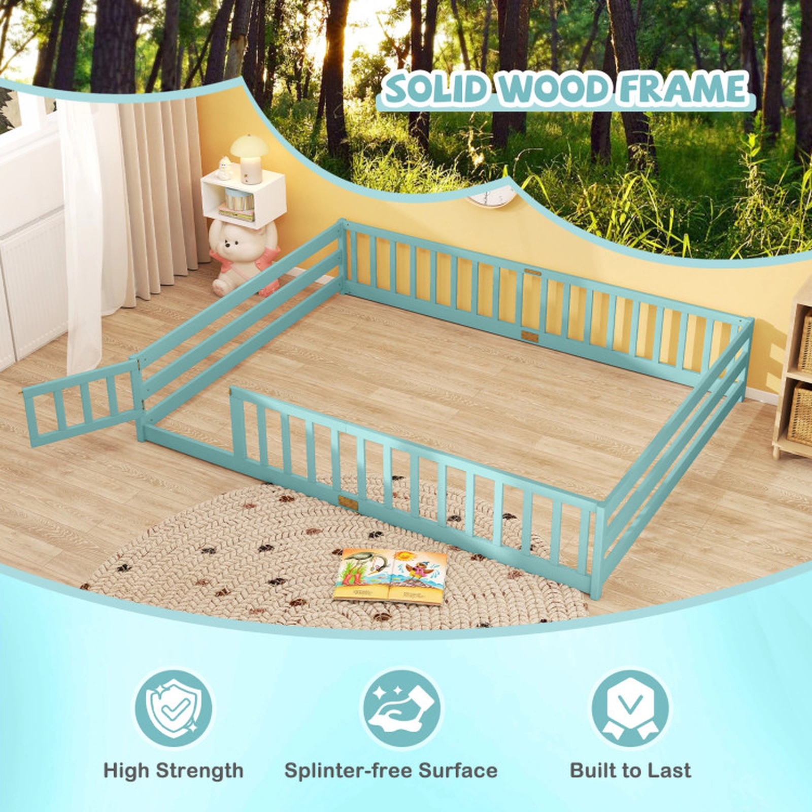 SUGIFT Turquoise Full-Length Guardrails and Lockable Door Queen Kids Montessori Floor Bed Frame