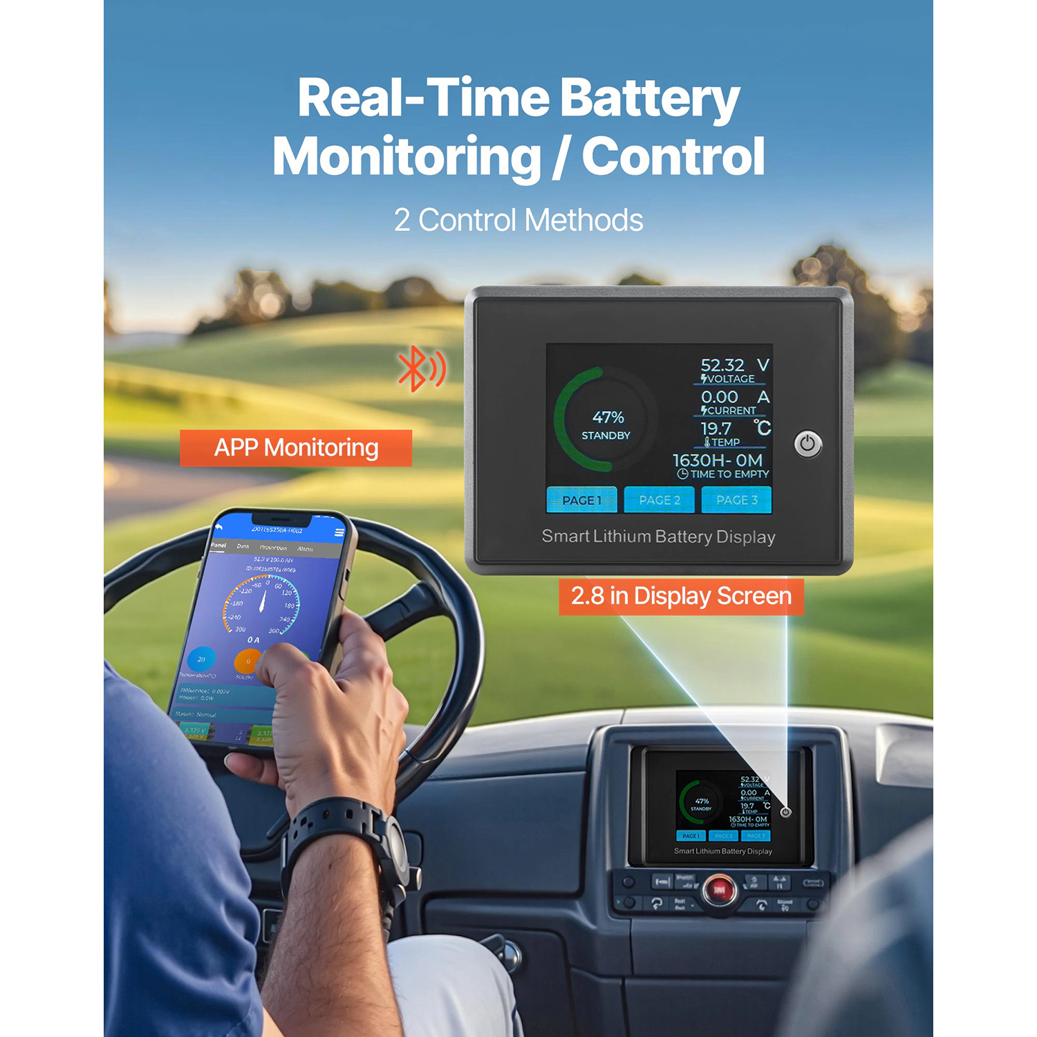 HONGGE 105Ah Golf Cart Lithium Battery Golf Cart Battery with 200A BMS LCD Monitor and Mobile APP LiFePO4 Battery with