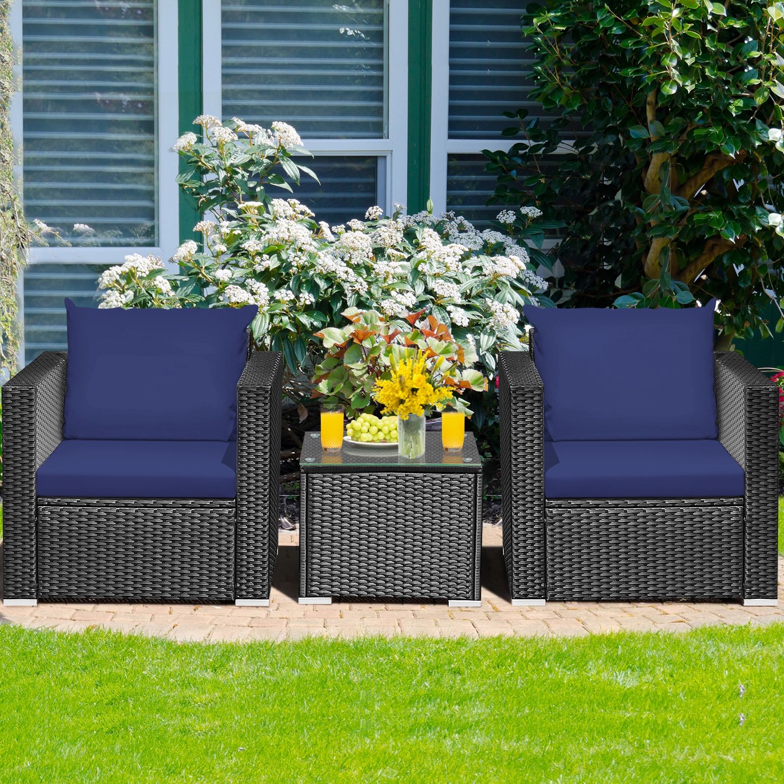 SUGIFT Steel Frame Patio Wicker Conversation Set with Cushions 400-lb Sofa Capacity Navy Black Rattan