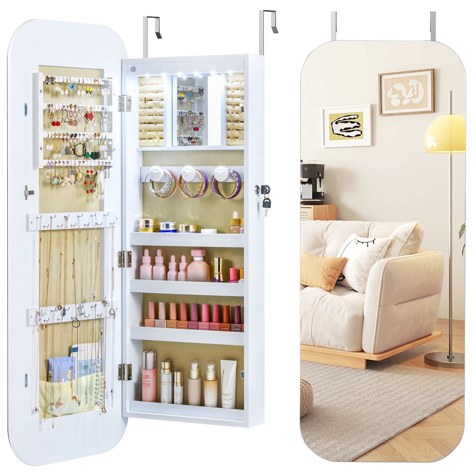 SlickBlue 42.5 Inch Wall or Door Mounted Lockable Jewelry Cabinet with Full-Length Mirror and LED Lights
