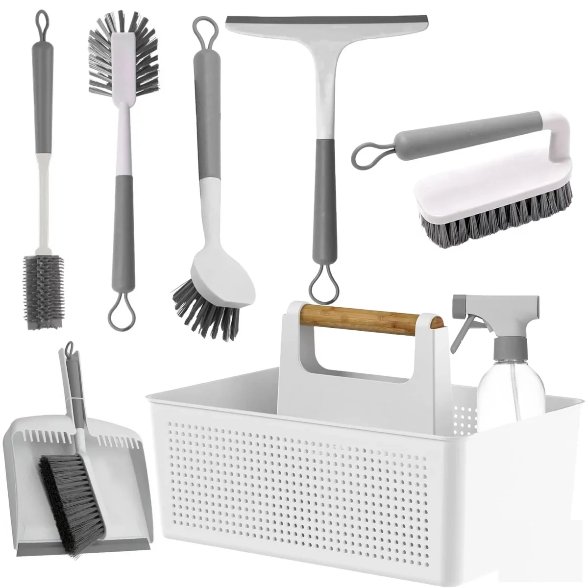 OU 8-Piece Home Cleaning Tools Set- Silicone Squeegee, Scrub Brushes Spray Bottle & Organizer Caddy for Bathroom Kitchen