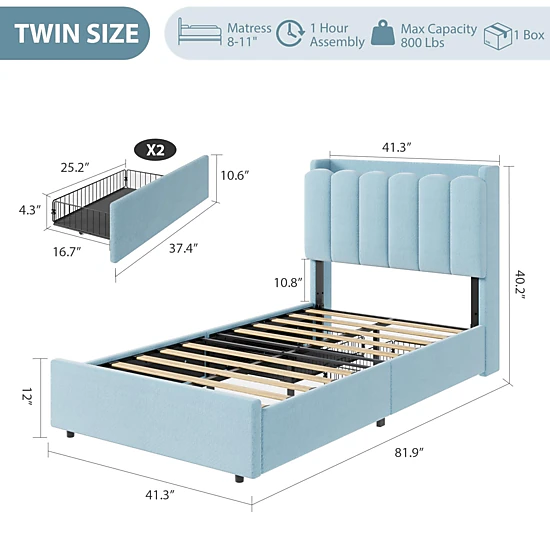 Boucle Upholstered Platform Bed with Wavy Storage Headboard, RGB LED ...