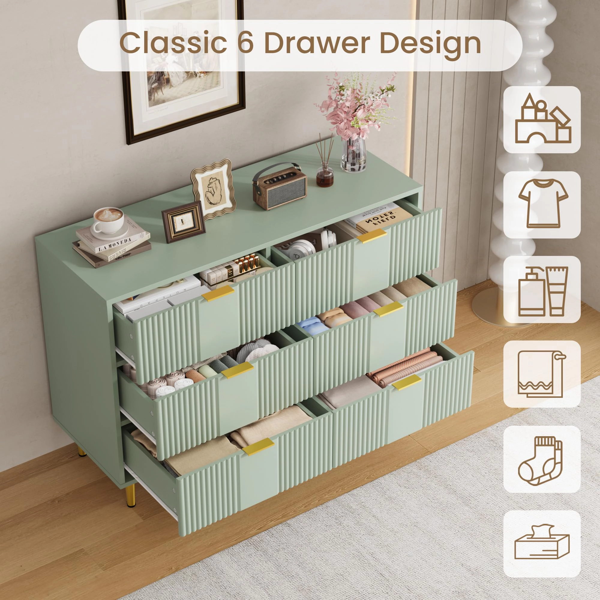 39.4" Fluted 6 Drawer Dresser with Metal Handles, Modern Wood Storage Chest for Bedroom