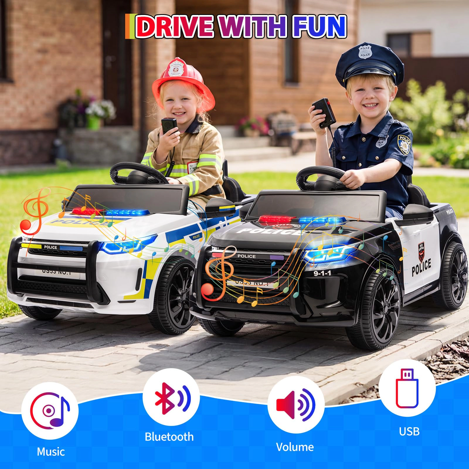 12V Kids Police Ride On Car with Remote Control, Bluetooth Music, Lights & Suspension for Ages 3-8