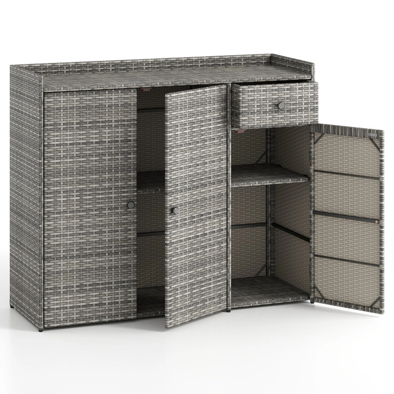 SUGIFT 3-Door PE Wicker Adjustable Shelves Outdoor Deck Storage Cabinet 48-in x 17-in x 40-in 110-lb Countertop Gray