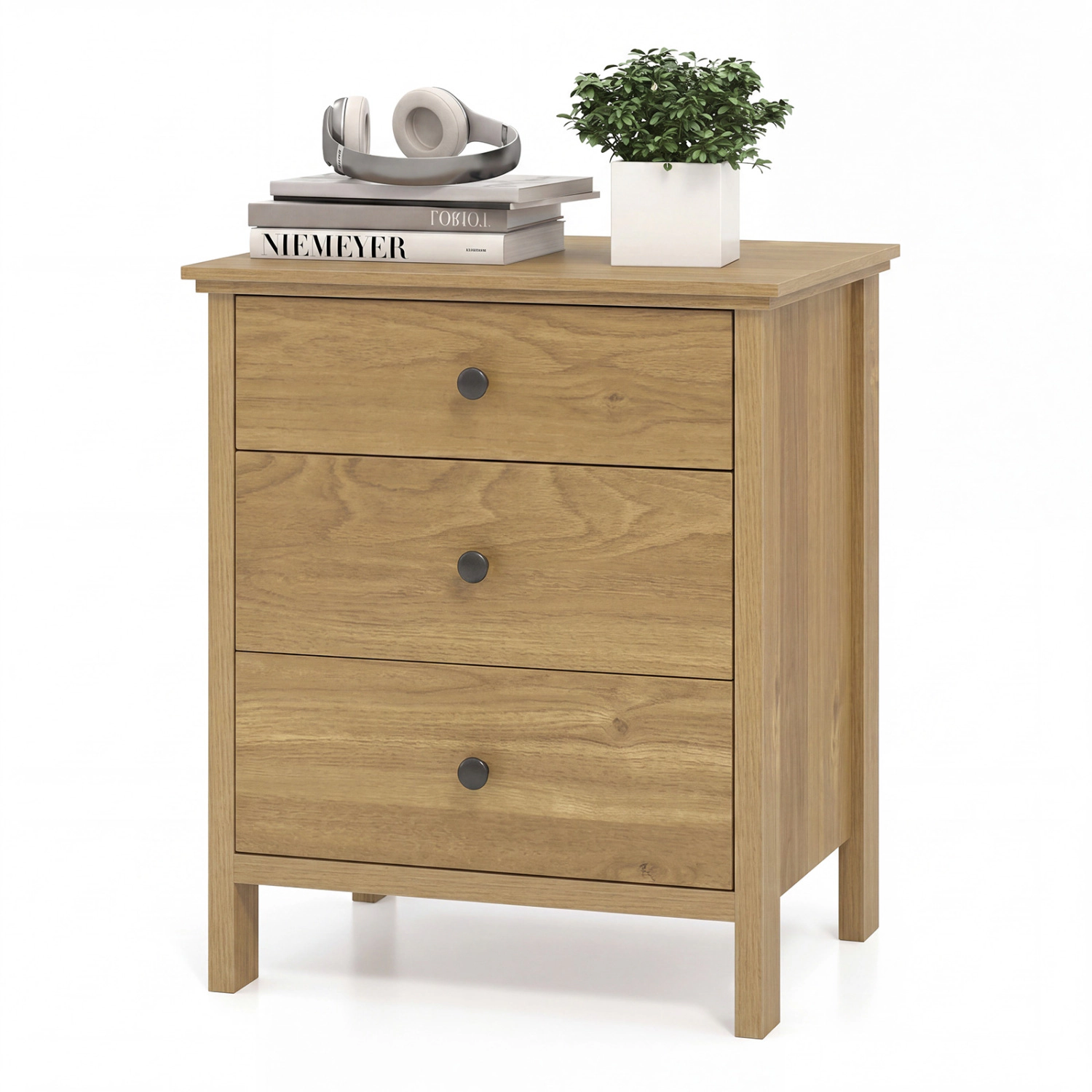 Glintex 3-Drawer Wooden Nightstand with 135-Lb Tabletop and Low-Noise Slides, Natural