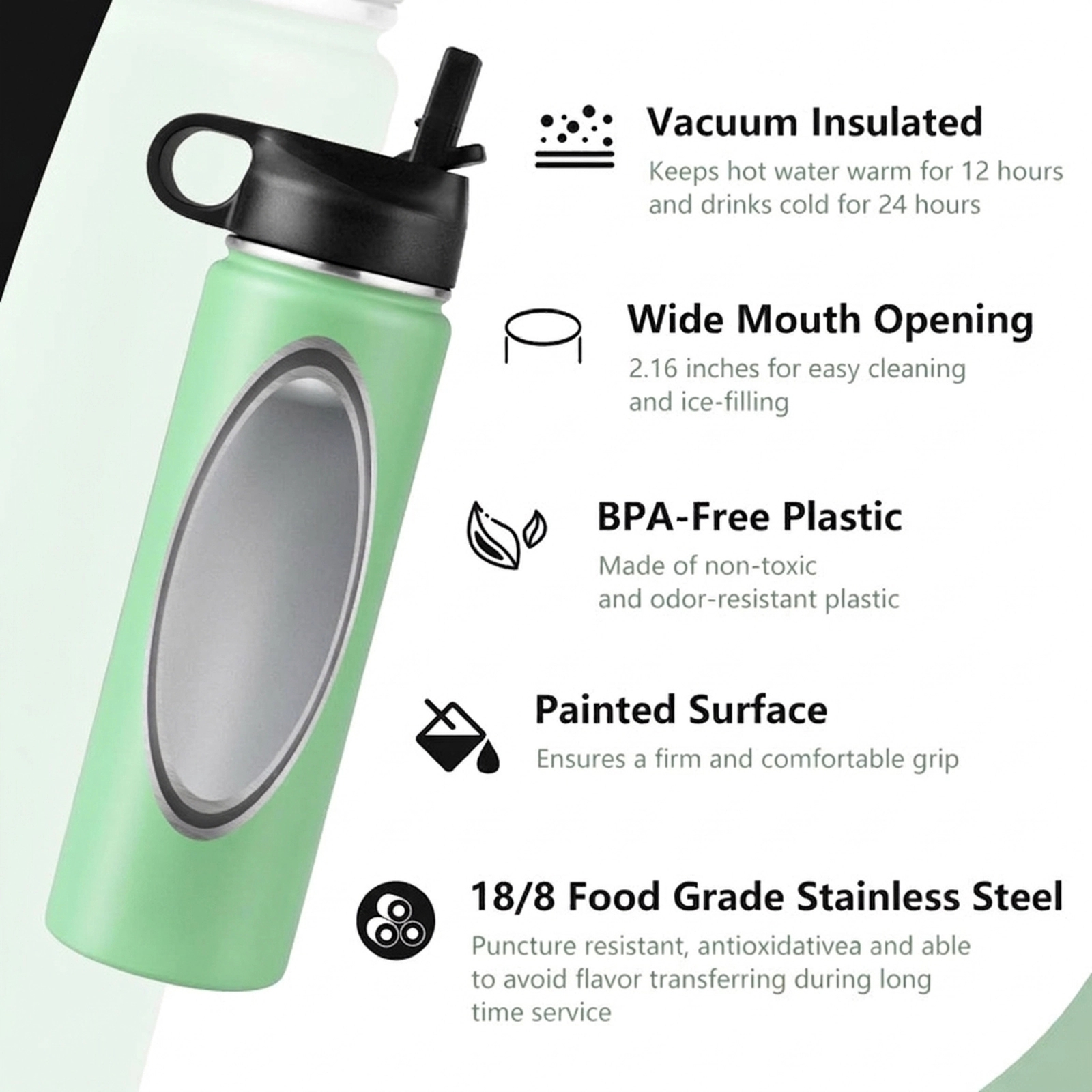 SUGIFT 22-oz Double-Walled Insulated Stainless Steel Water Bottle 2 Lids Straw 12-Hour Hot 24-Hour Cold Green