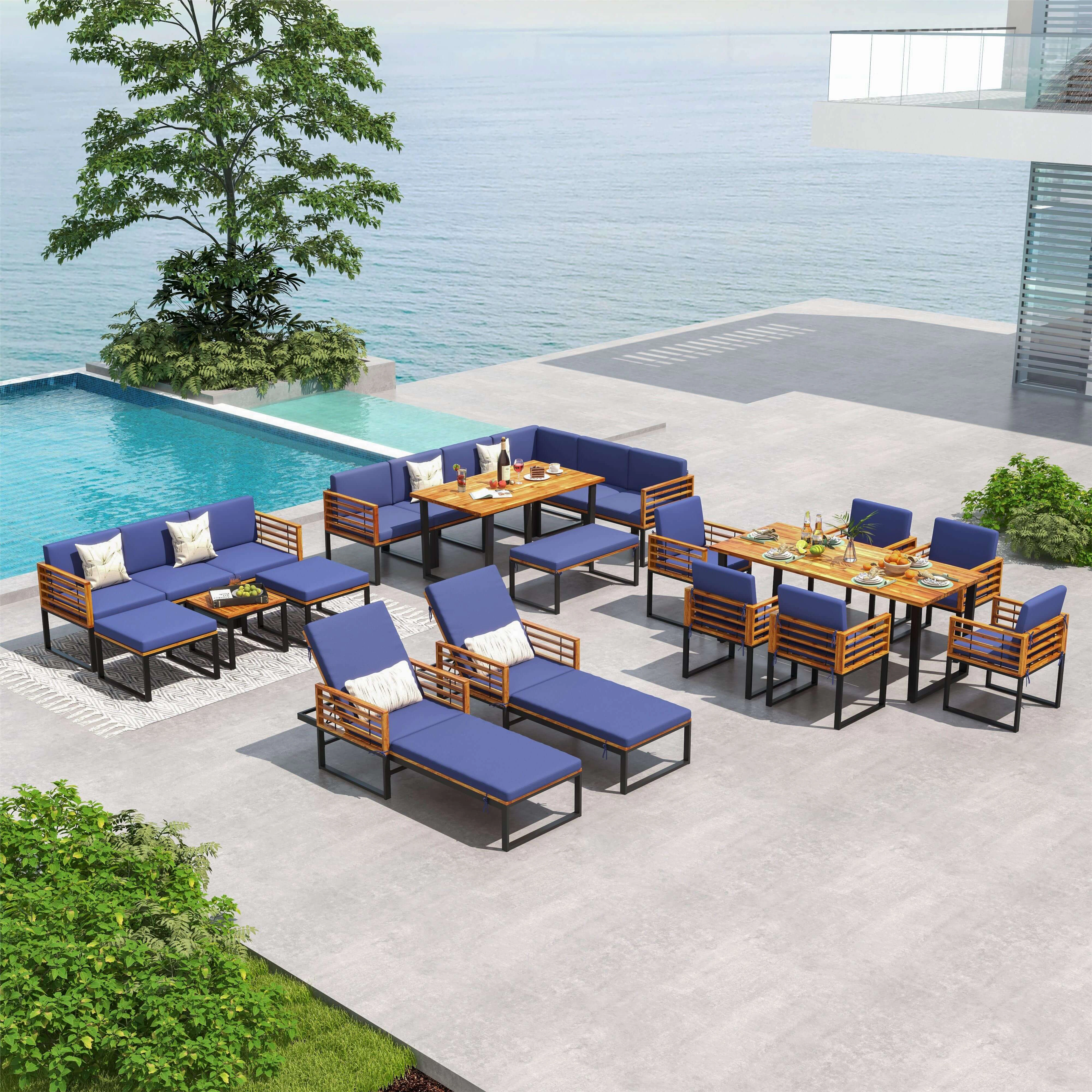 LJG 5 Piece Patio Acacia Wood Chair Set with Ottomans and Coffee Table