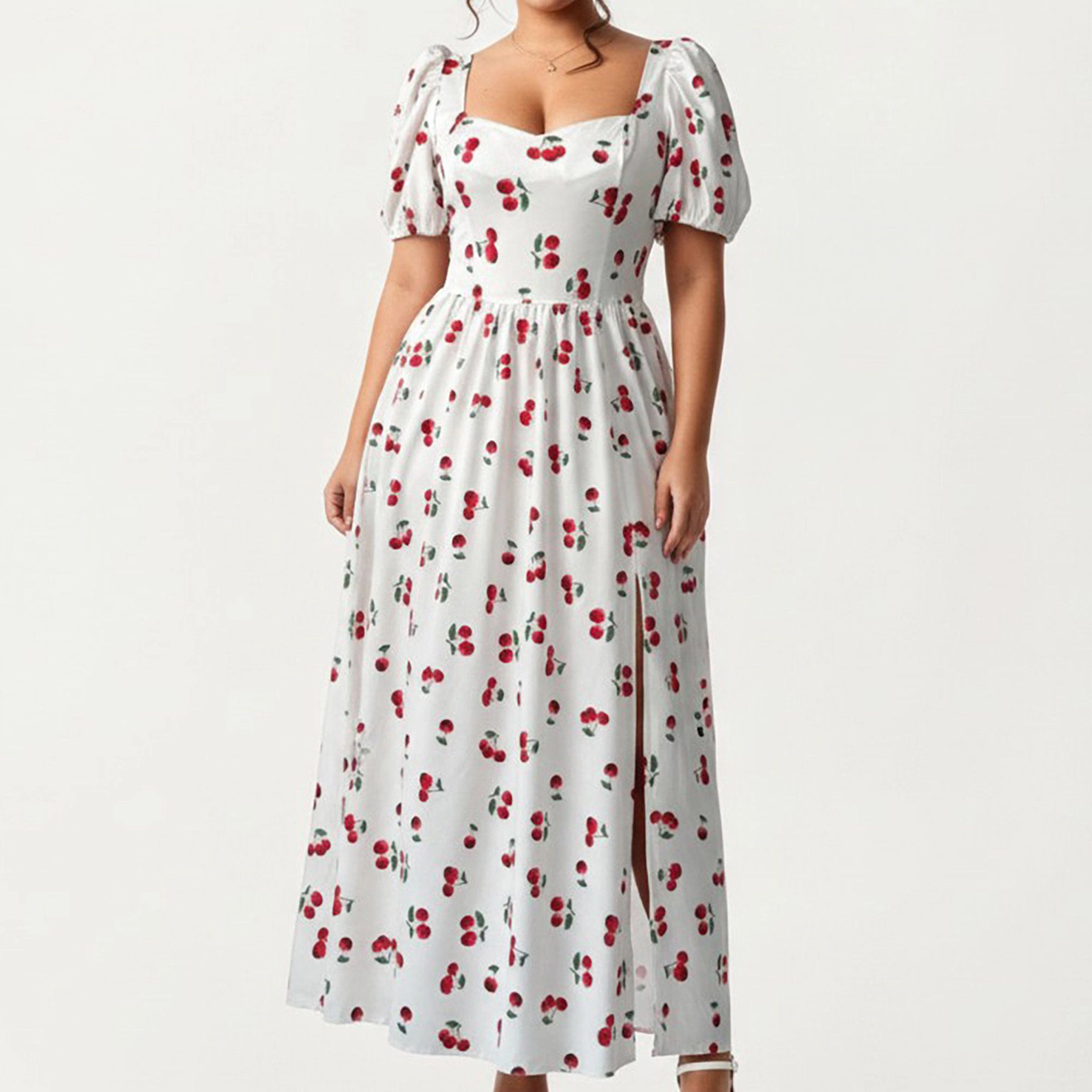 Anna-Kaci Women's Plus Cherry Print Square Neck Puff Sleeve Flowy Skirt Side Slit Detail Maxi Dress