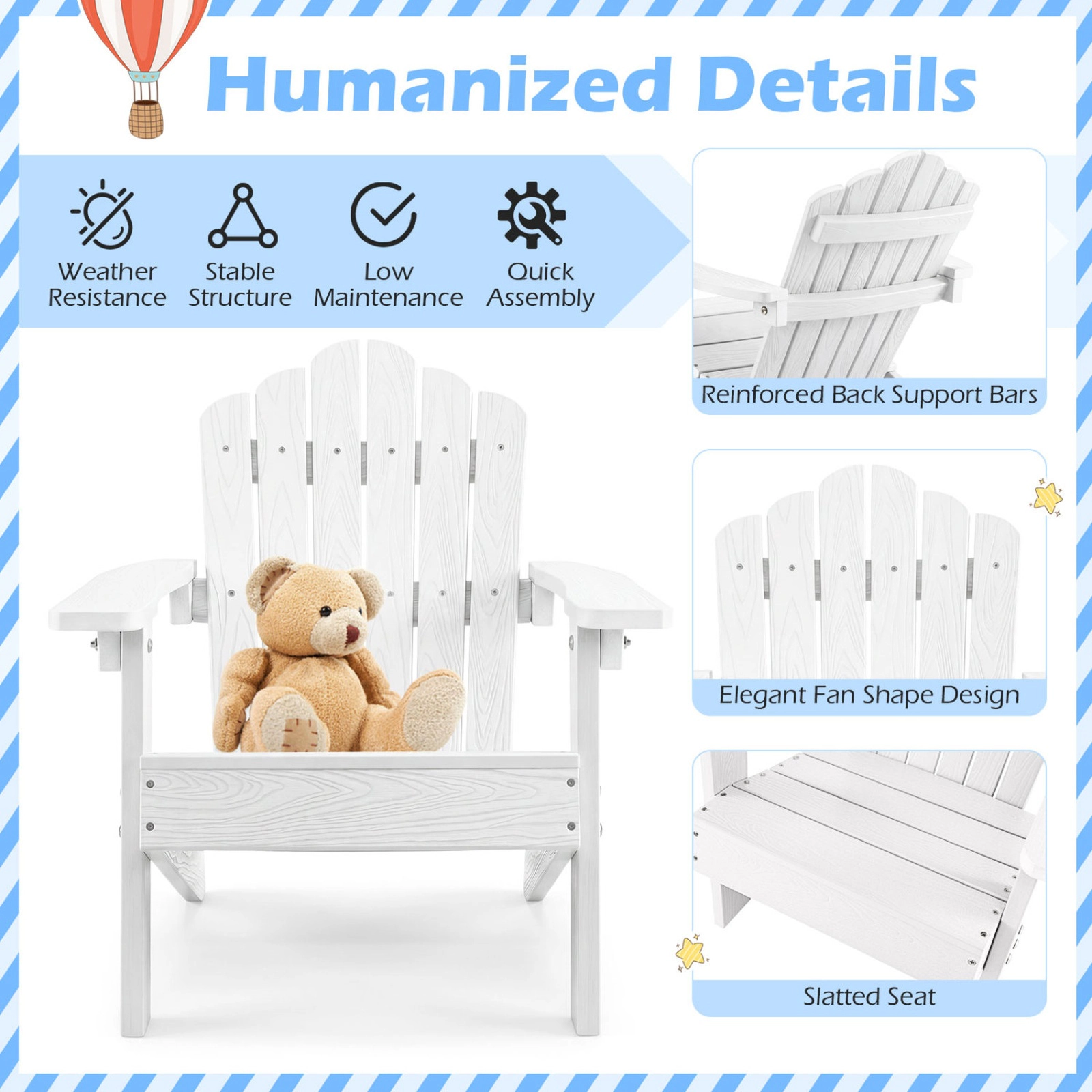 SUGIFT All-Weather HIPS Kids Adirondack Outdoor Chair 165-lb Capacity Ages 3-7 11.5-lb Single Chair White