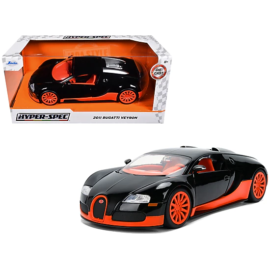 Jada Collectible 2011 Bugatti Veyron Black With Orange Accents And Interior "Hyper-Spec" Series 1/24 Diecast Model