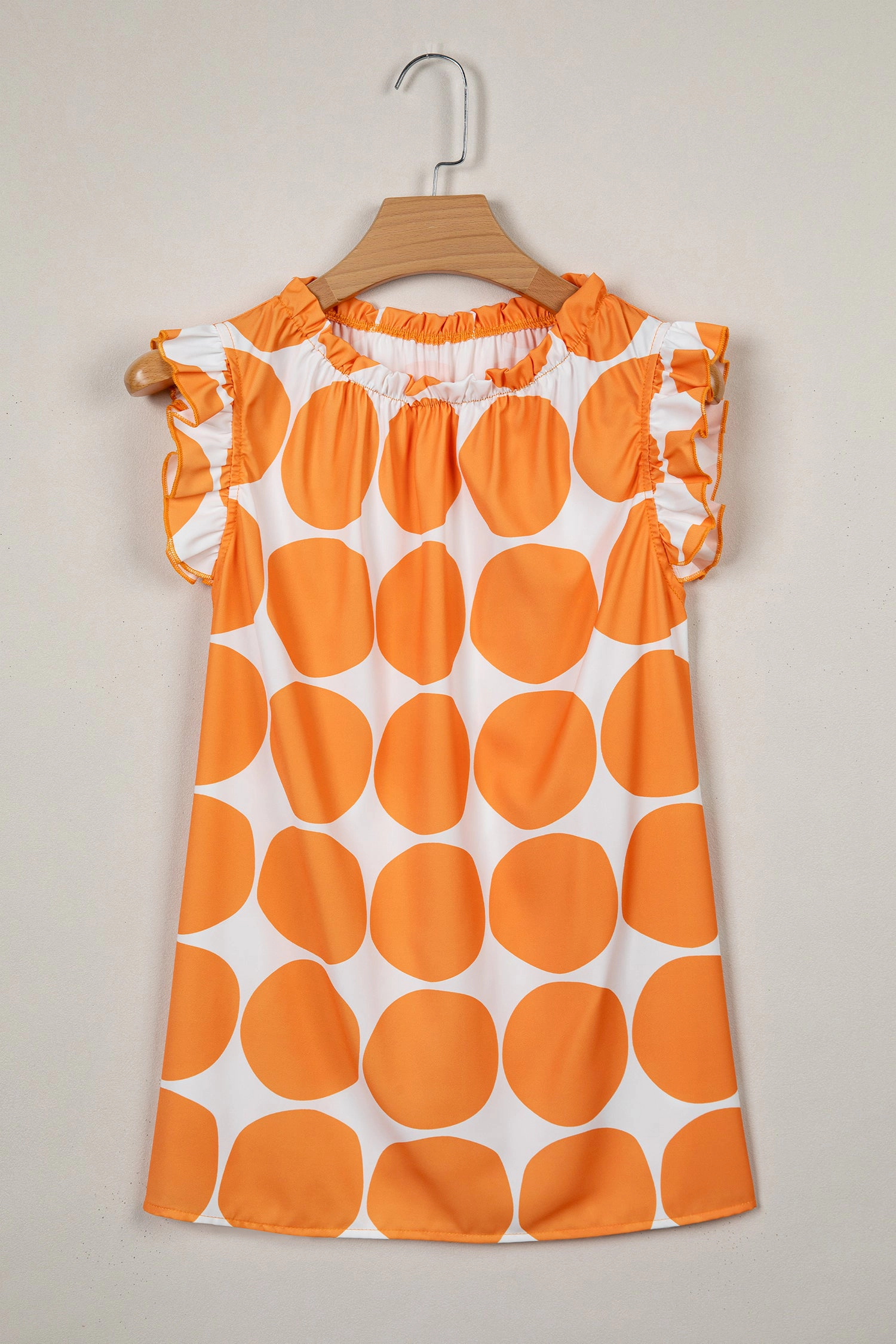 Threaded Pear Womens Nayeli Frilled Shift Tank Top - Orange Polka Dot, Sleeveless, Round Neck