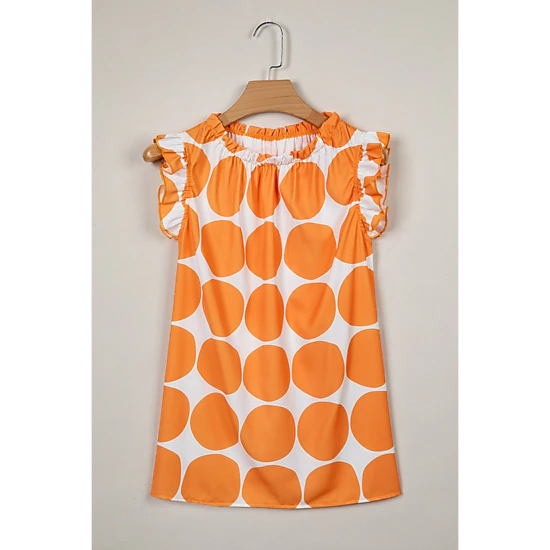 Threaded Pear Womens Nayeli Frilled Shift Tank Top - Orange Polka Dot, Sleeveless, Round Neck