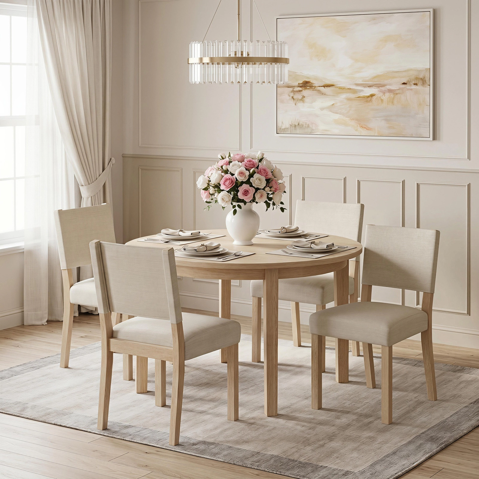 SUGIFT Set of 4 Beige Linen Upholstered Dining Chairs, Solid Rubber Wood Legs