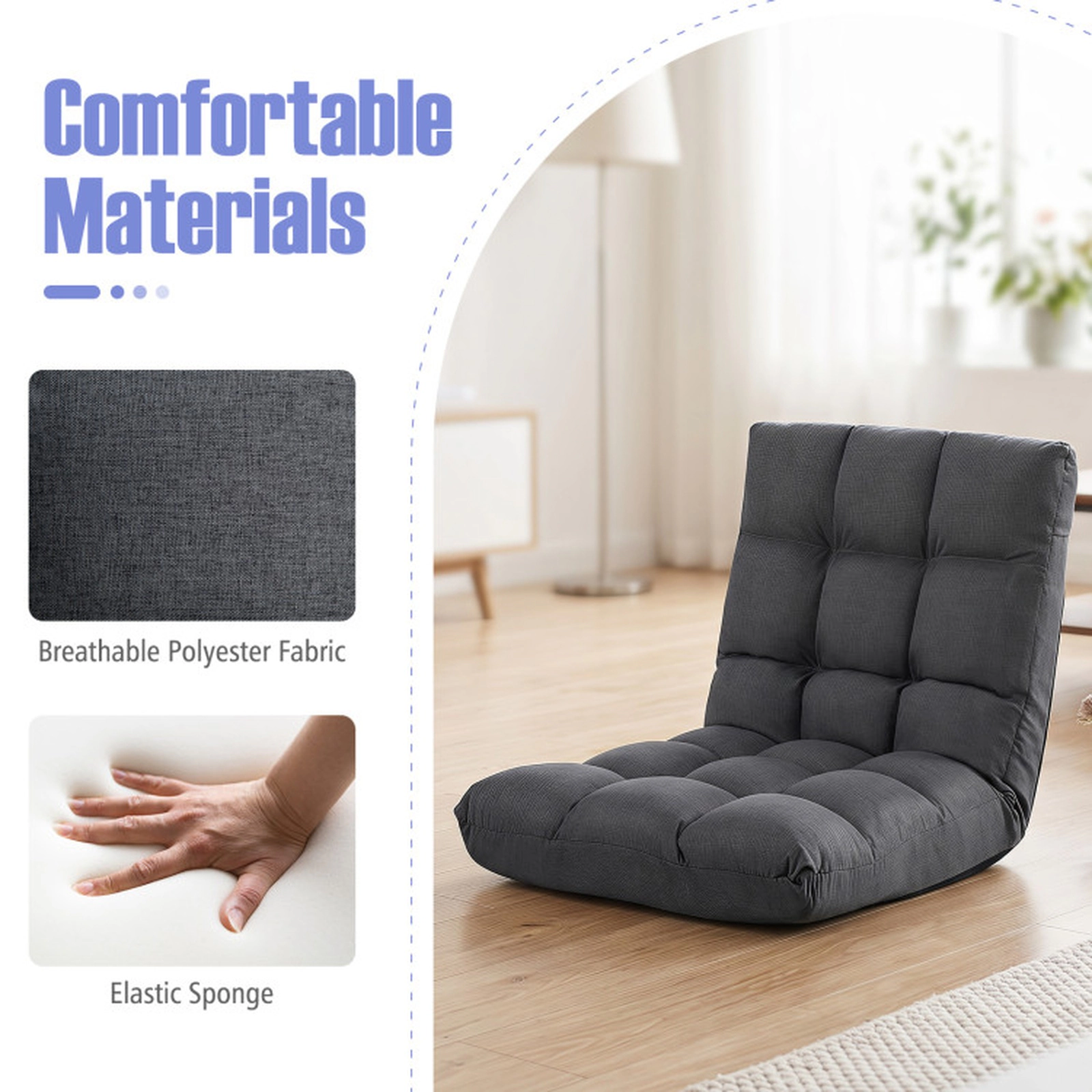 SUGIFT 14-Position Adjustable 264-lb Capacity Gray Cotton Linen Folding Lazy Floor Gaming Sofa Recliner