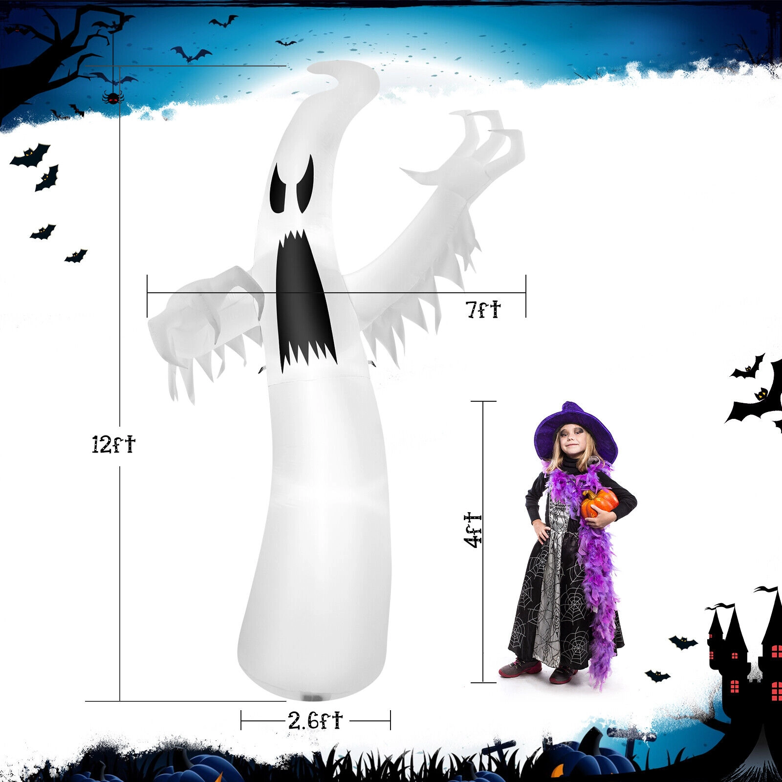 LJG 12 Feet Halloween Inflatable Ghost with LED Lights