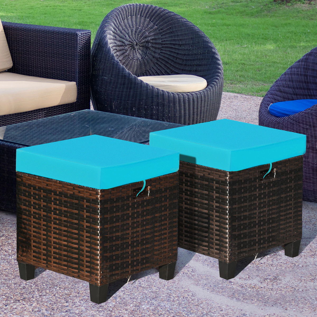 LJG 2 Pieces Patio Rattan Ottoman Set with Removable Cushions