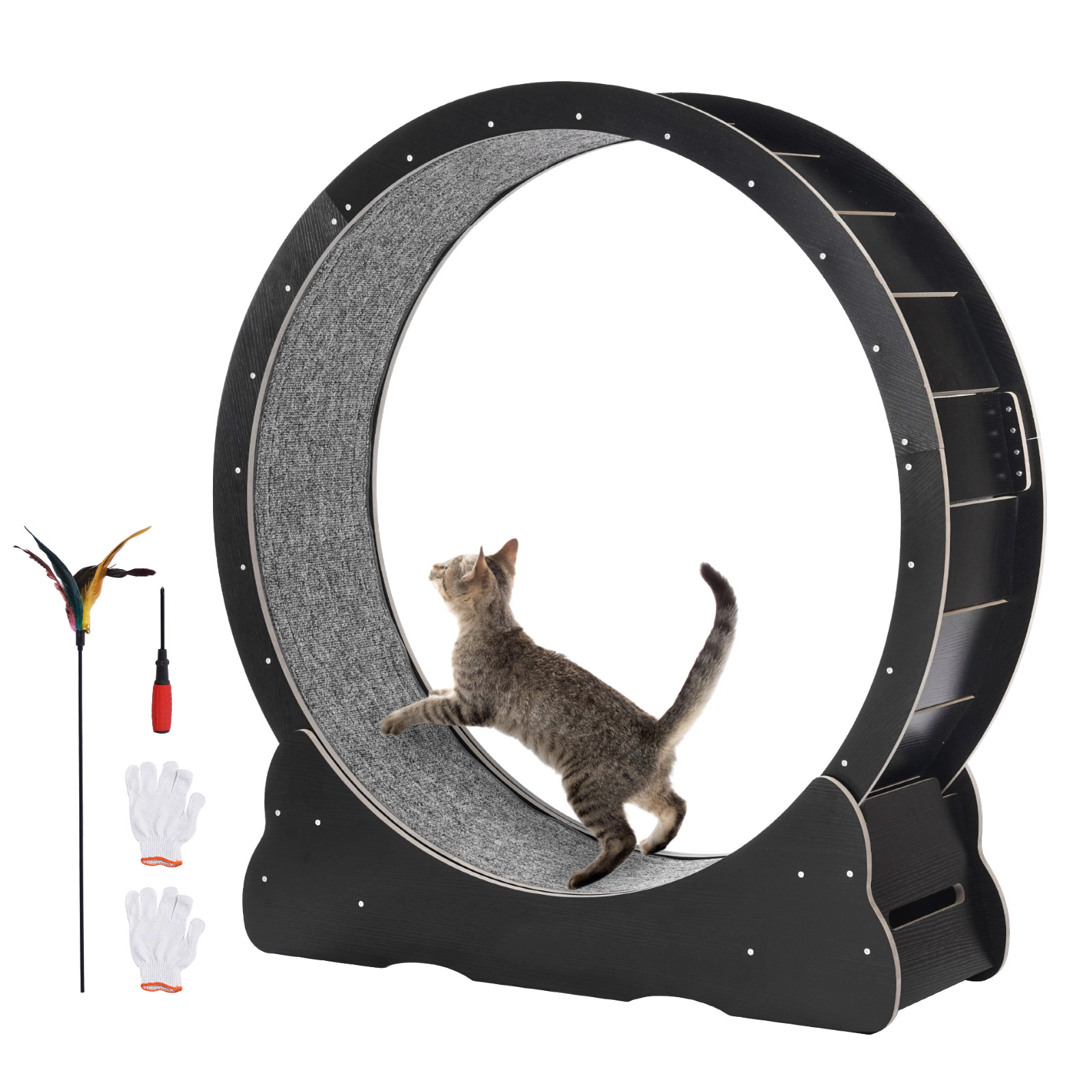 HONGGE 43.3-Inch Wooden Cat Exercise Wheel for Cats Up to 25 lbs, Quiet Indoor Running Wheel, Black