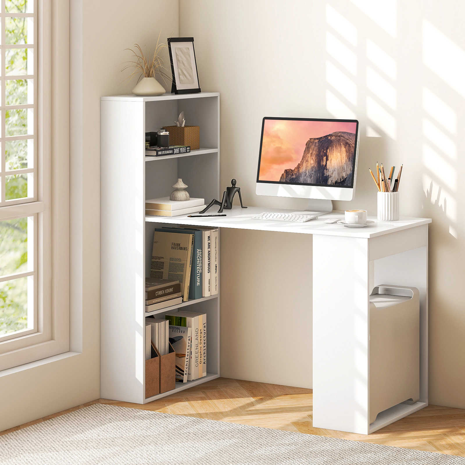 SUGIFT 6-Tier Storage Shelves and Bookcase Workstation 48 Inch Computer Desk