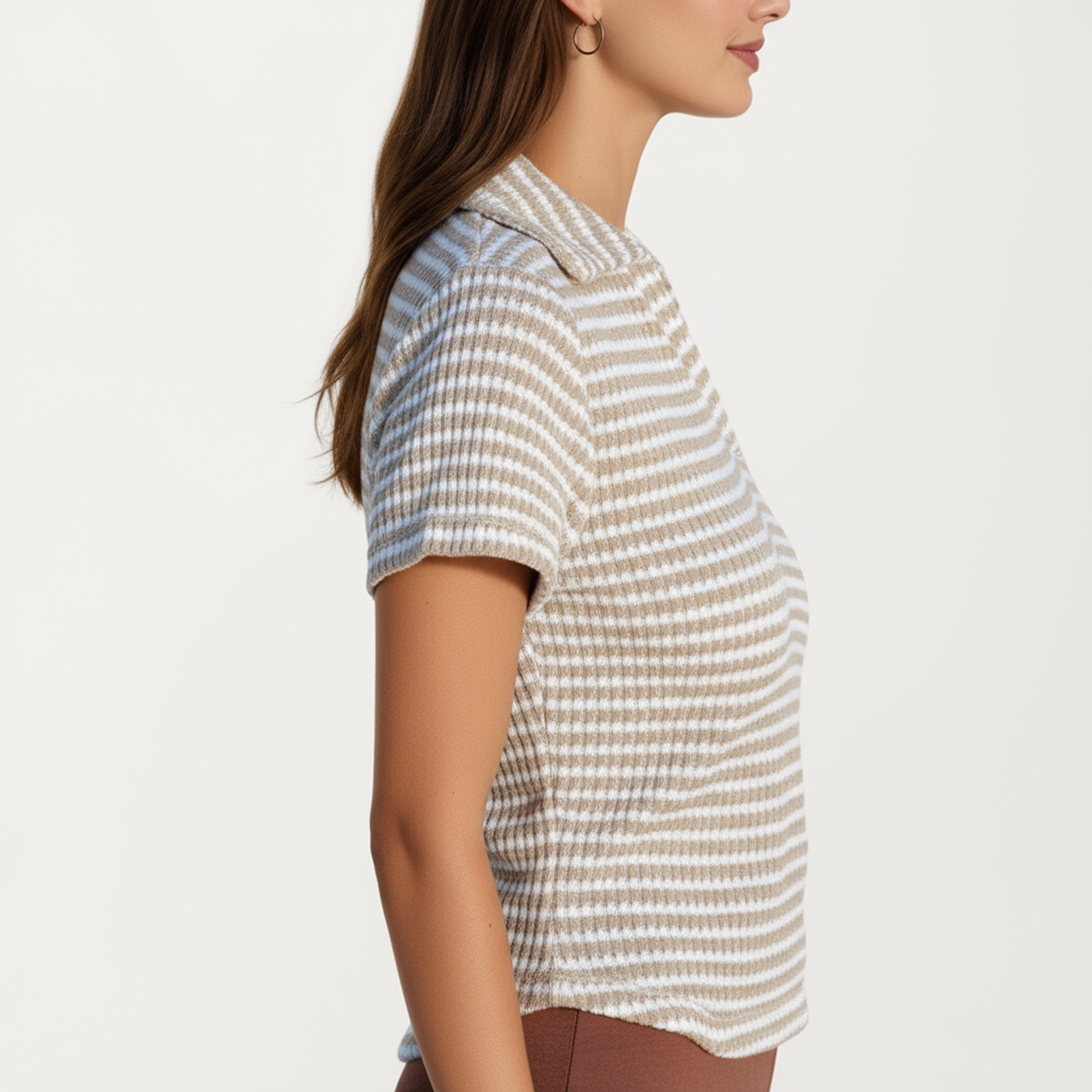 Anna-Kaci Women's Striped V-Neck Collared Short Sleeve Knit Top