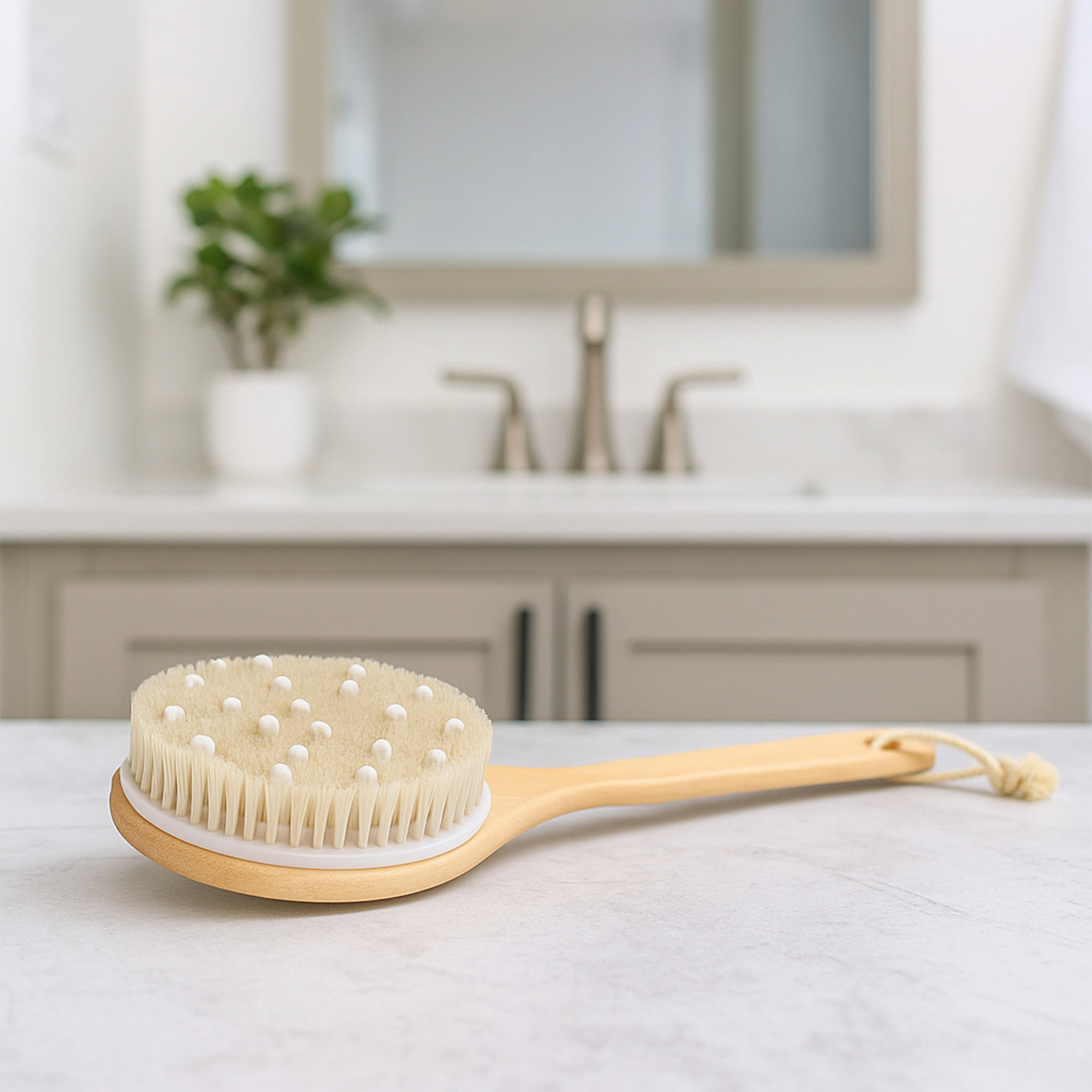 Pursonic Unisex Natural Wood Body Massage Brush with Boar Bristle & Rubber Massager Lotus Wooden Handle