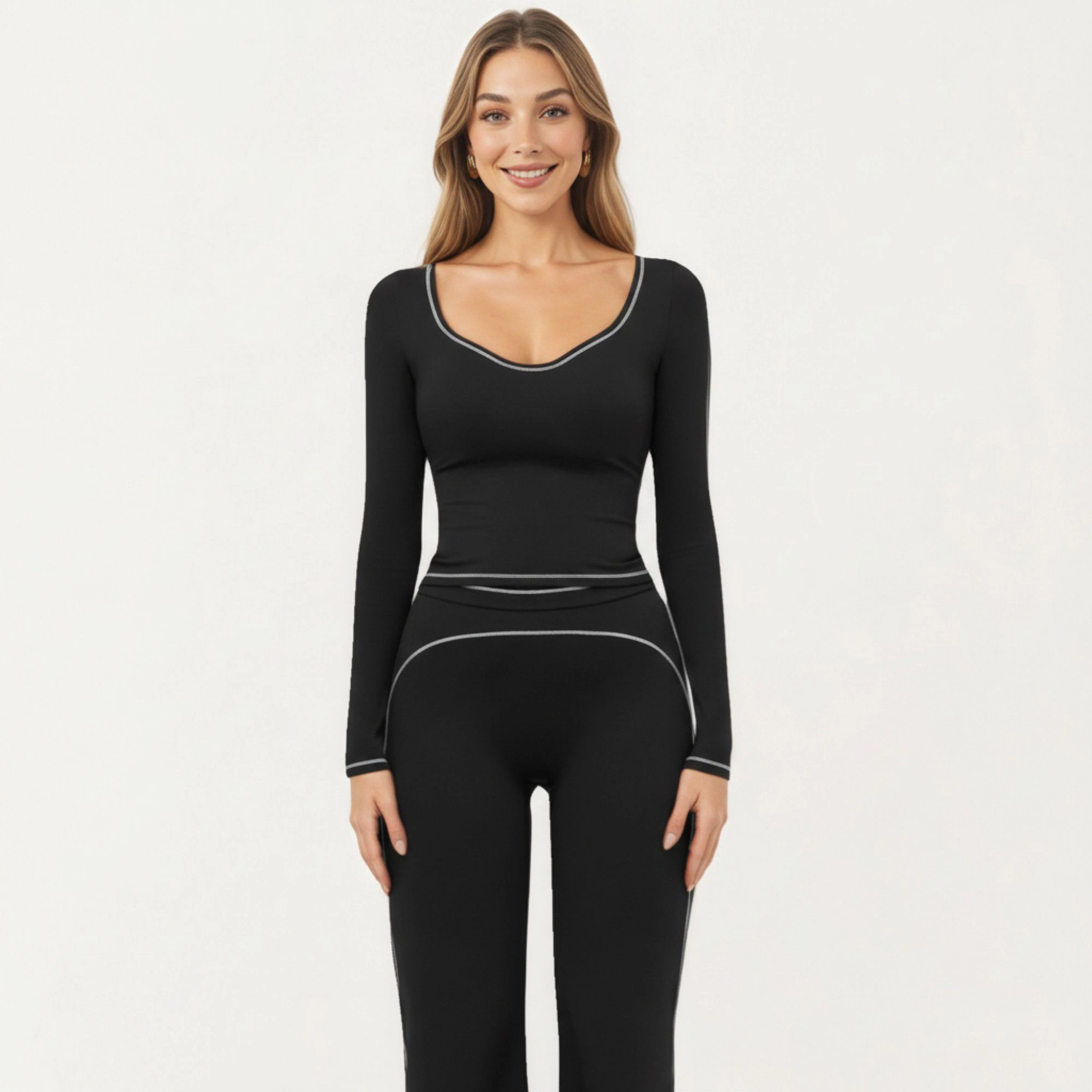 Anna-Kaci Women's Long Sleeve Cropped Top with V Neckline Contrast Trim and Smooth Stretch Fit