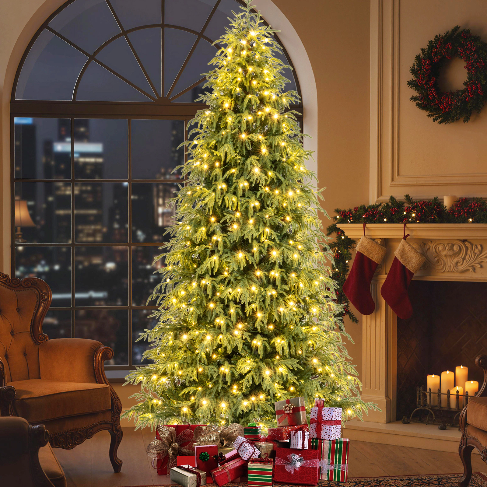 Costway 7/7.5/8 FT Artificial Christmas Tree with 1217/1449/1470 Branch Tips, 400/470/500 Warm LED Lights