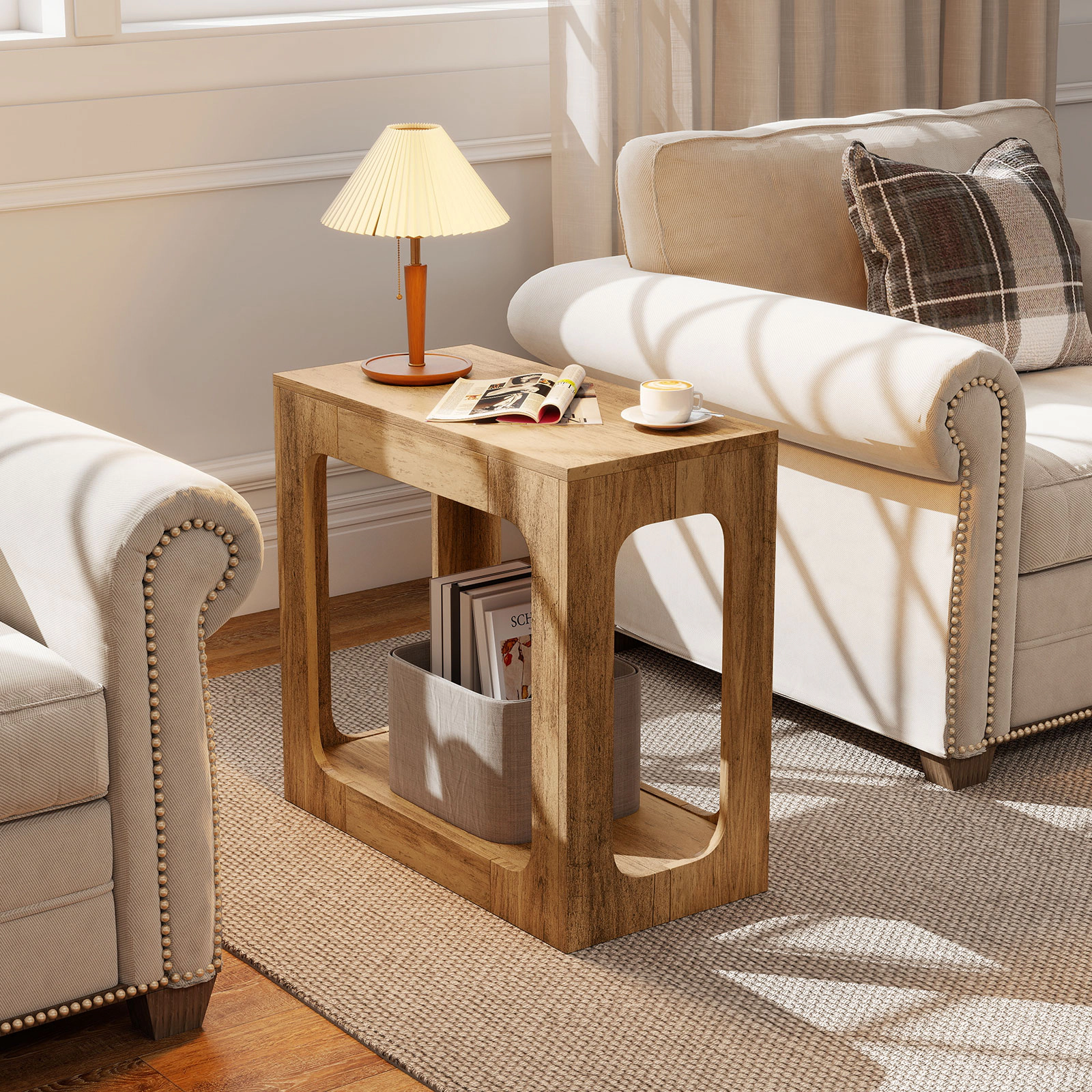 SUGIFT 2-Tier Engineered Wood End Table with Storage Shelf 135-lb Capacity for Living Room Oak