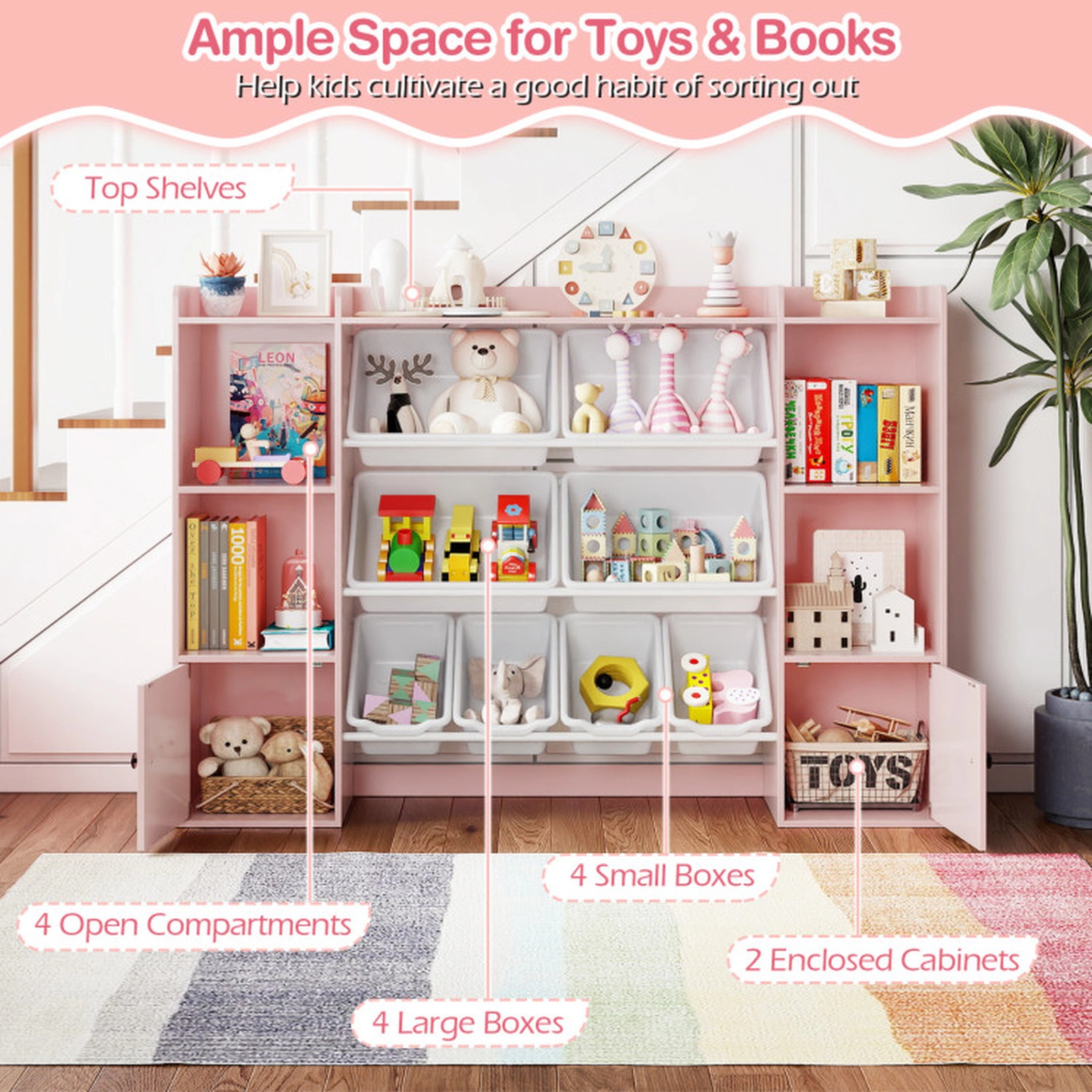 SUGIFT Kids Toy Storage Cabinet and Bookshelf Toy Organizer 385-lb Capacity Ages 3+ with Boxes and Open Shelves Pink
