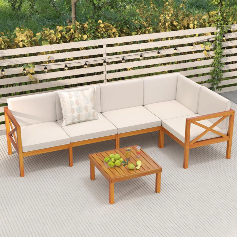 Hivvago Outdoor 6 Pieces Acacia Wood Patio Sectional Furniture Set-Off White