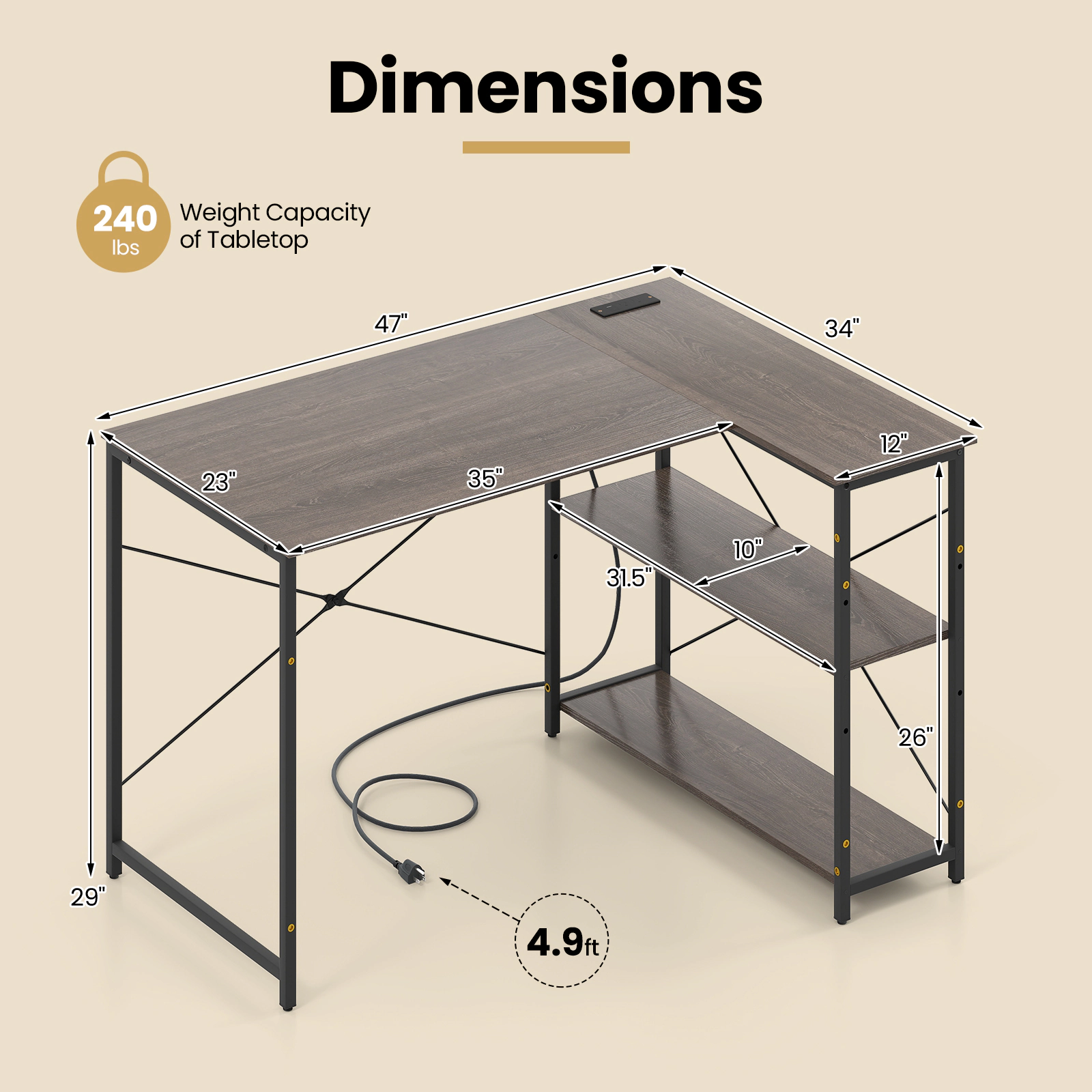 SUGIFT Reversible Adjustable Shelf Built-In Outlets L-Shaped Computer Desk 47-in x 34-in x 29-in 240-lb Capacity Gray