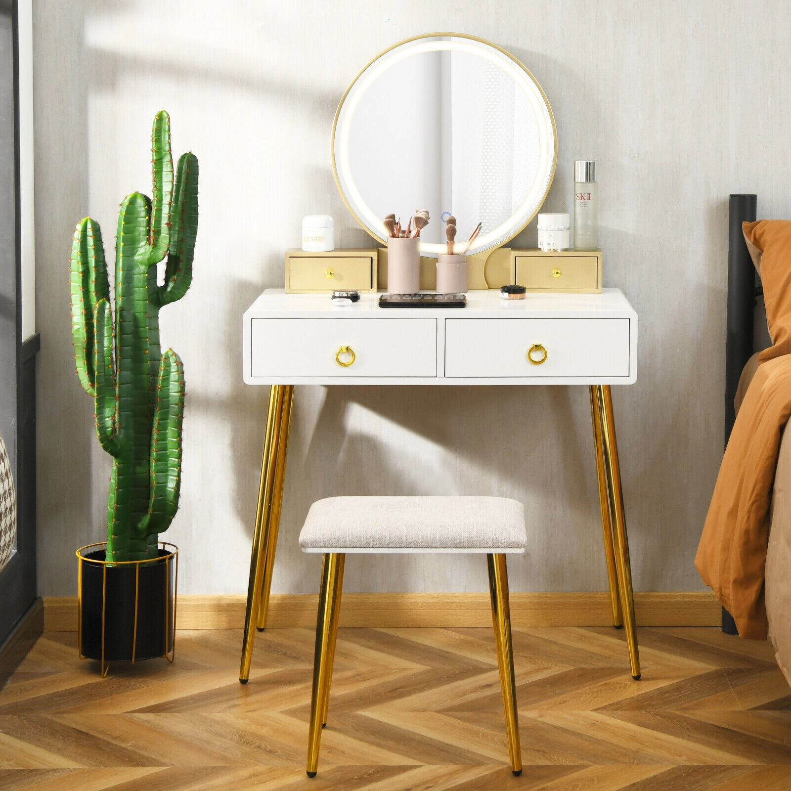SUGIFT 2-Piece 52.5-Inch Makeup Vanity Set with Lighted Mirror, 4 Drawers and Cushioned Stool