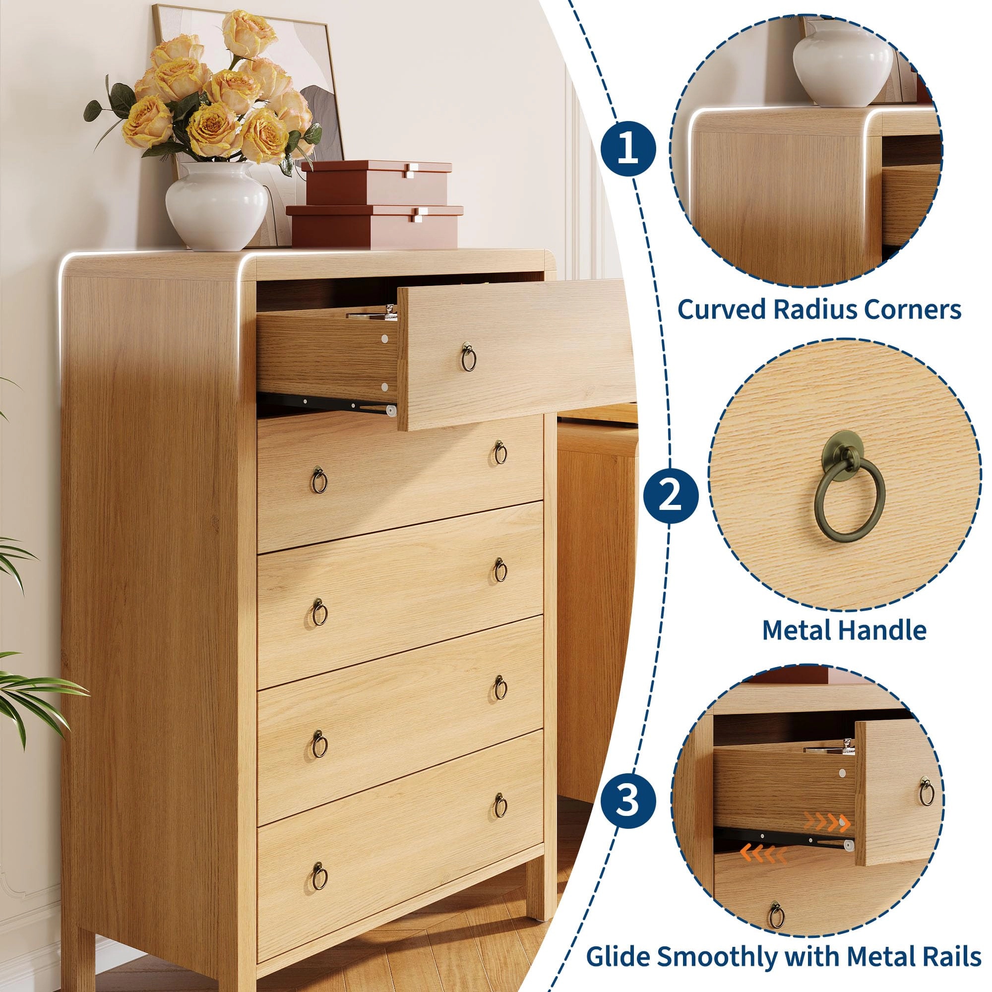 5 Drawer Dresser for Bedroom, 47" Tall Storage Cabinet, Nightstand with Large Clothes Organizer