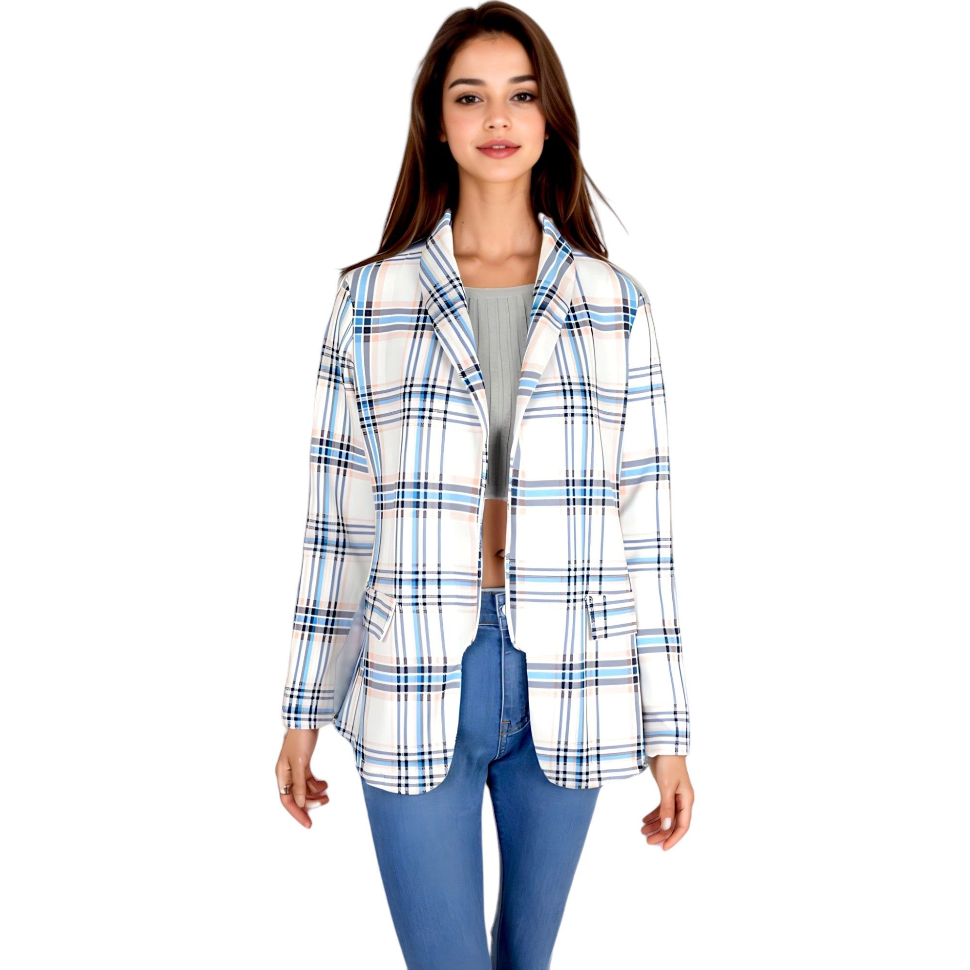 Anna-Kaci Women's Open Front Plaid Blazer Coat Jacket Long Sleeve Mock Front Pockets Formal Work Attire