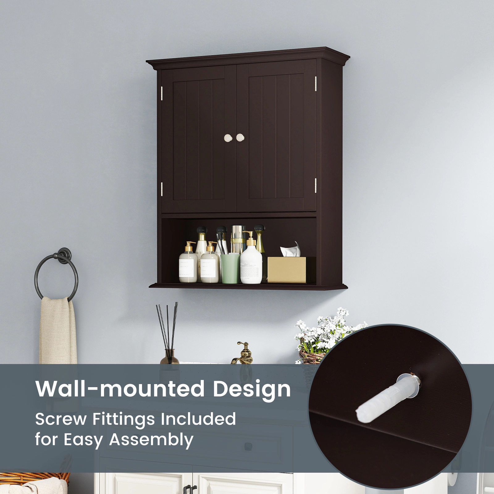 SUGIFT 2-Door Wall Mounted Open Shelf Bathroom Organizer Cabinet 23.5-in x 7.5-in x 28-in 11-lb per Level Brown