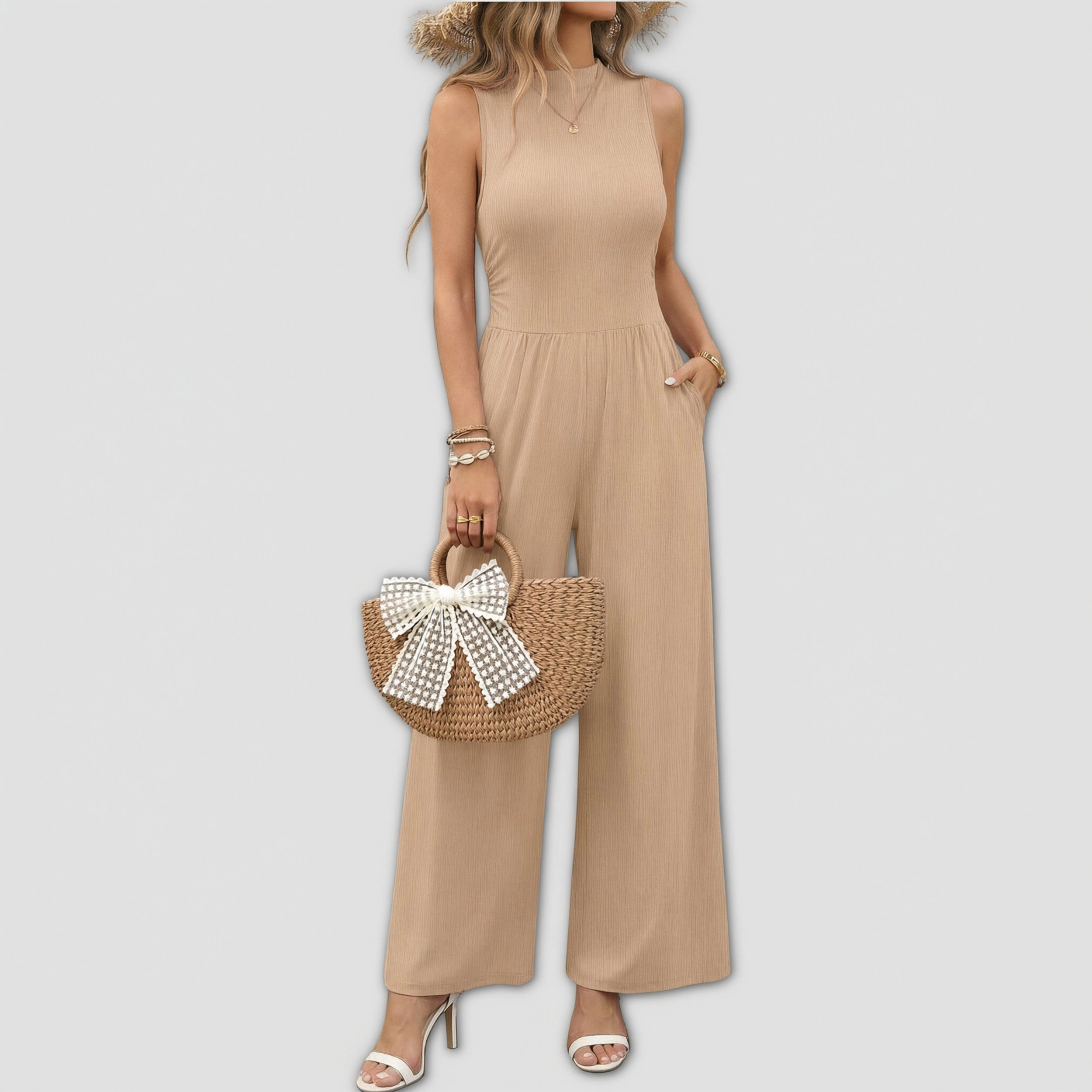 Ekouaer Women's Sleeveless Mock Neck Ribbed Wide Leg Jumpsuit