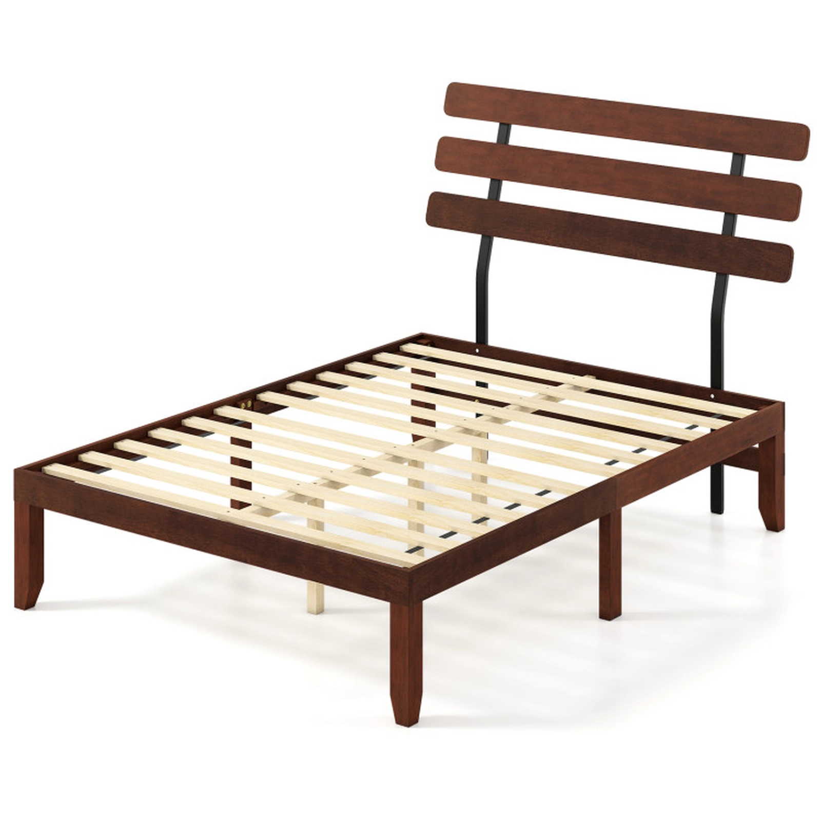 SUGIFT Walnut Retro Slat Headboard and 12 Slats Solid Wood Platform Bed