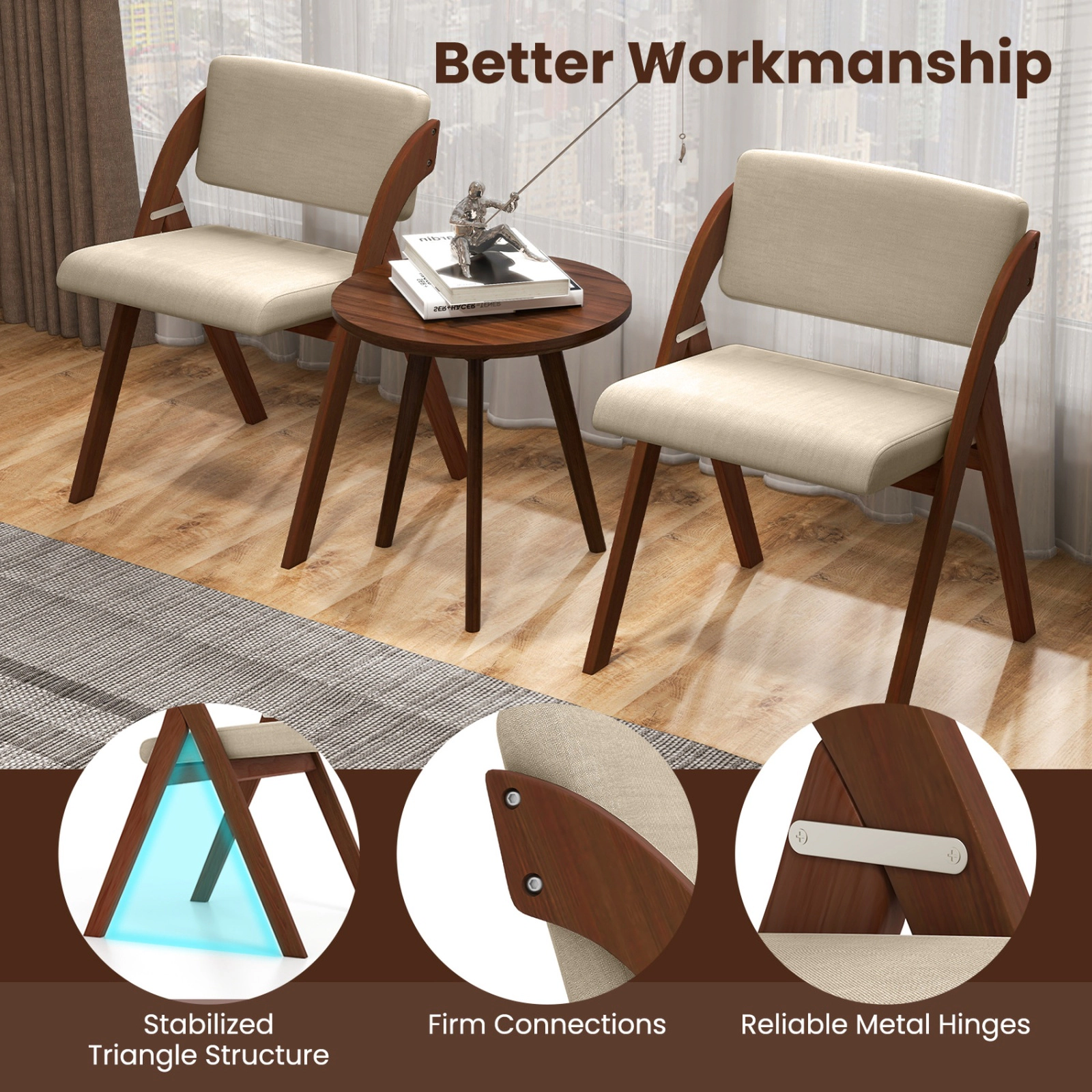SUGIFT Set of 2 Folding Kitchen Dining Chairs with Rubber Wood Legs 355-Lb Capacity 21-in Wide Seat Walnut & Beige