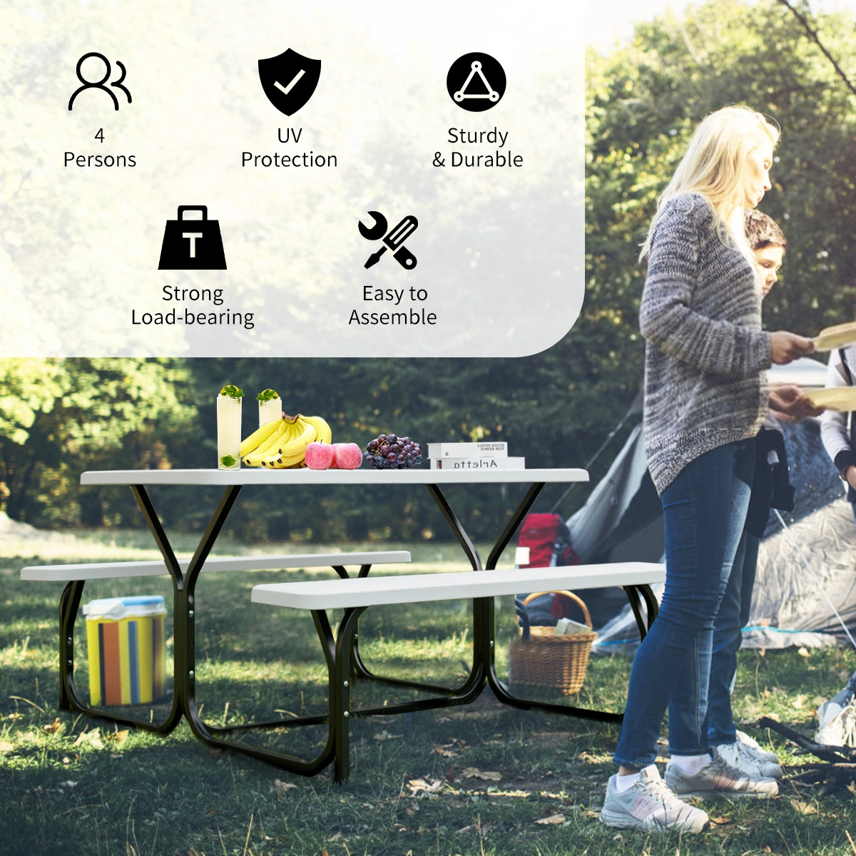 SUGIFT 54-In White Polyethylene Picnic Table with Attached Benches, 6 Seats