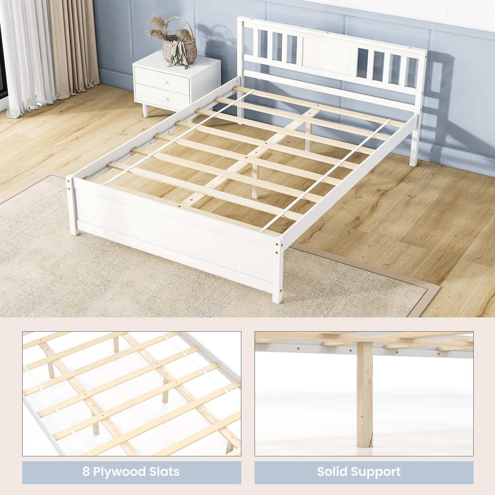 SUGIFT White Slat Headboard and Wood Slat Support Full Size Wooden Platform Bed