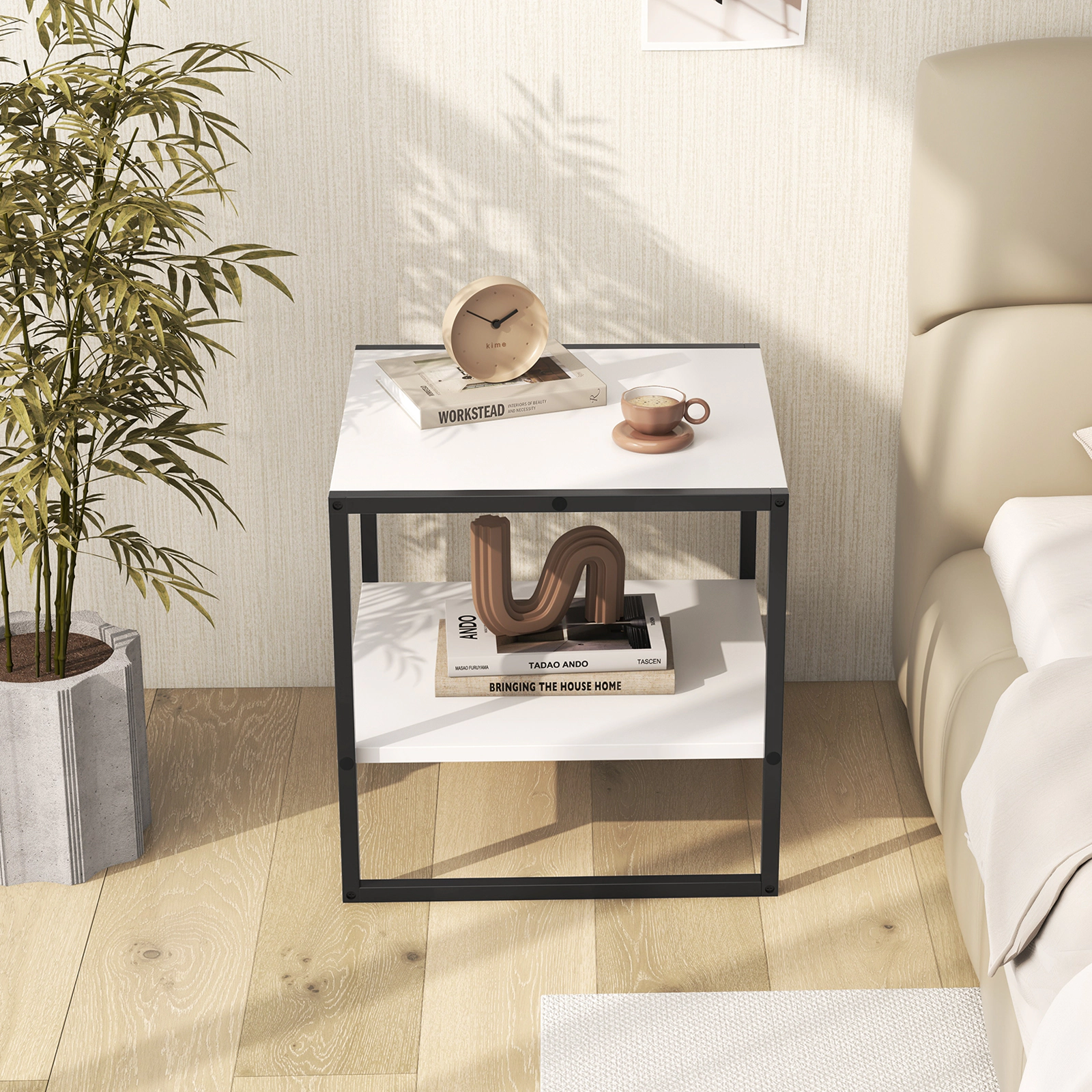 SUGIFT 2-Tier Square End Table Reversible Storage Shelf 55-lb Tabletop Capacity 16.5-lb Shelf Capacity White + Black