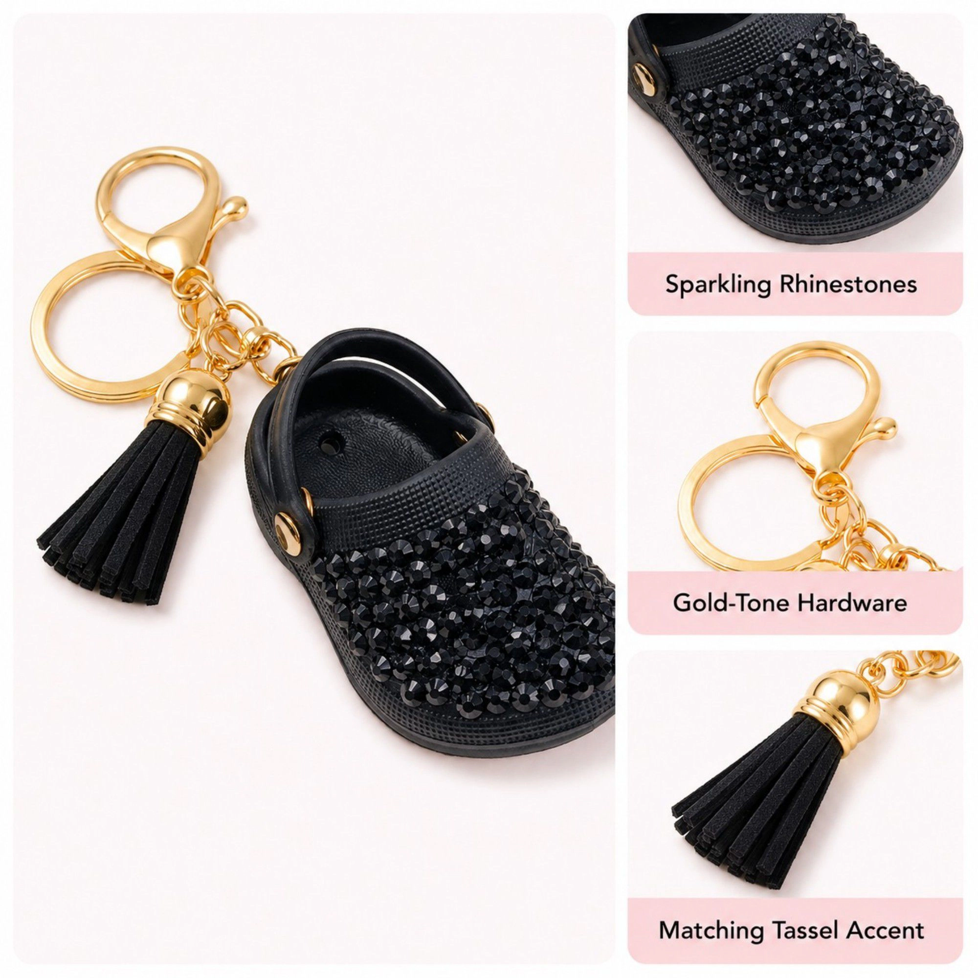 Alilang Women's Rhinestone Mini Clog Keychain Bag Charm with Tassel Gold Tone Clip and Key Ring
