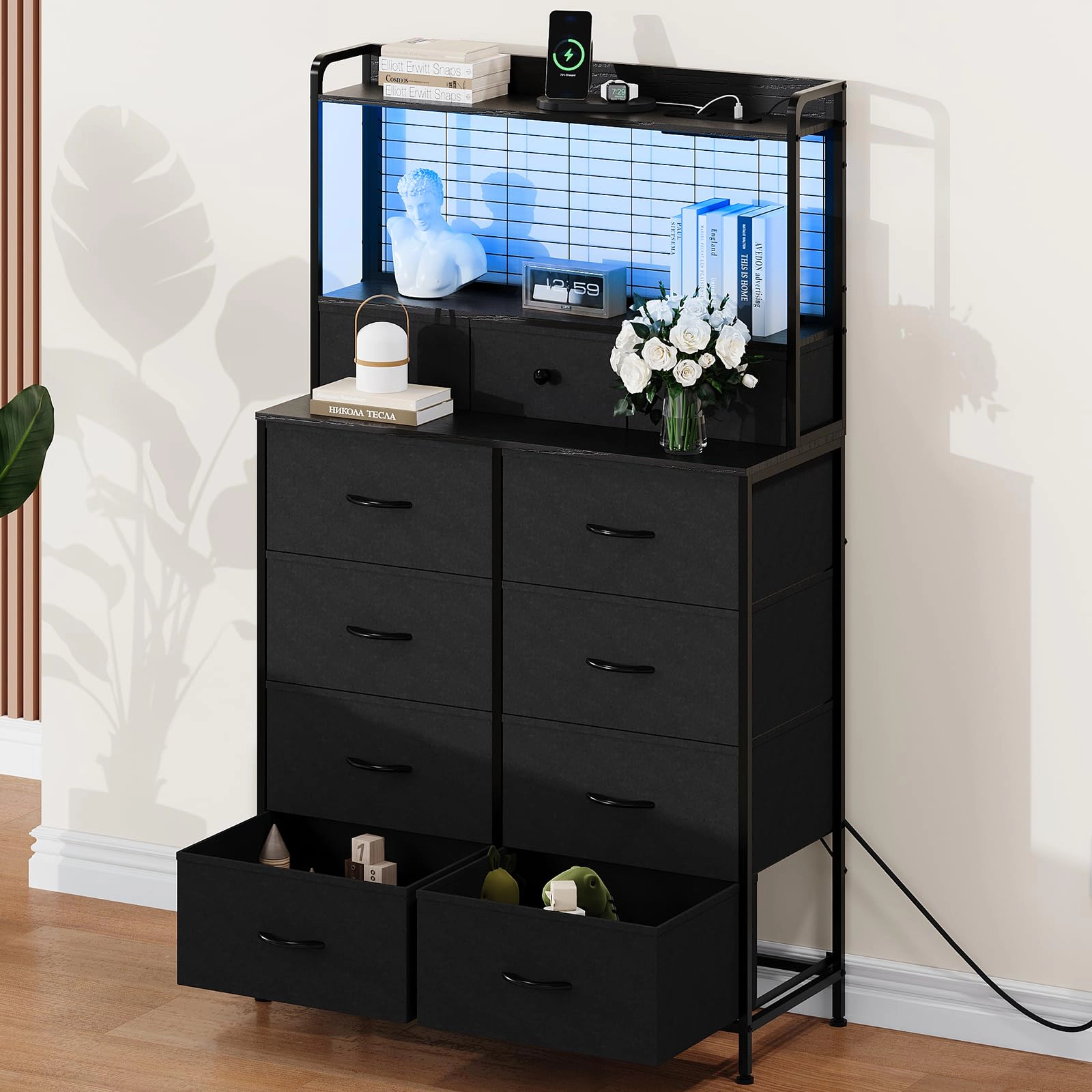 11 Drawer Fabric Dresser with Wireless Charging, App-Controlled RGB LED Lights & Open Shelf