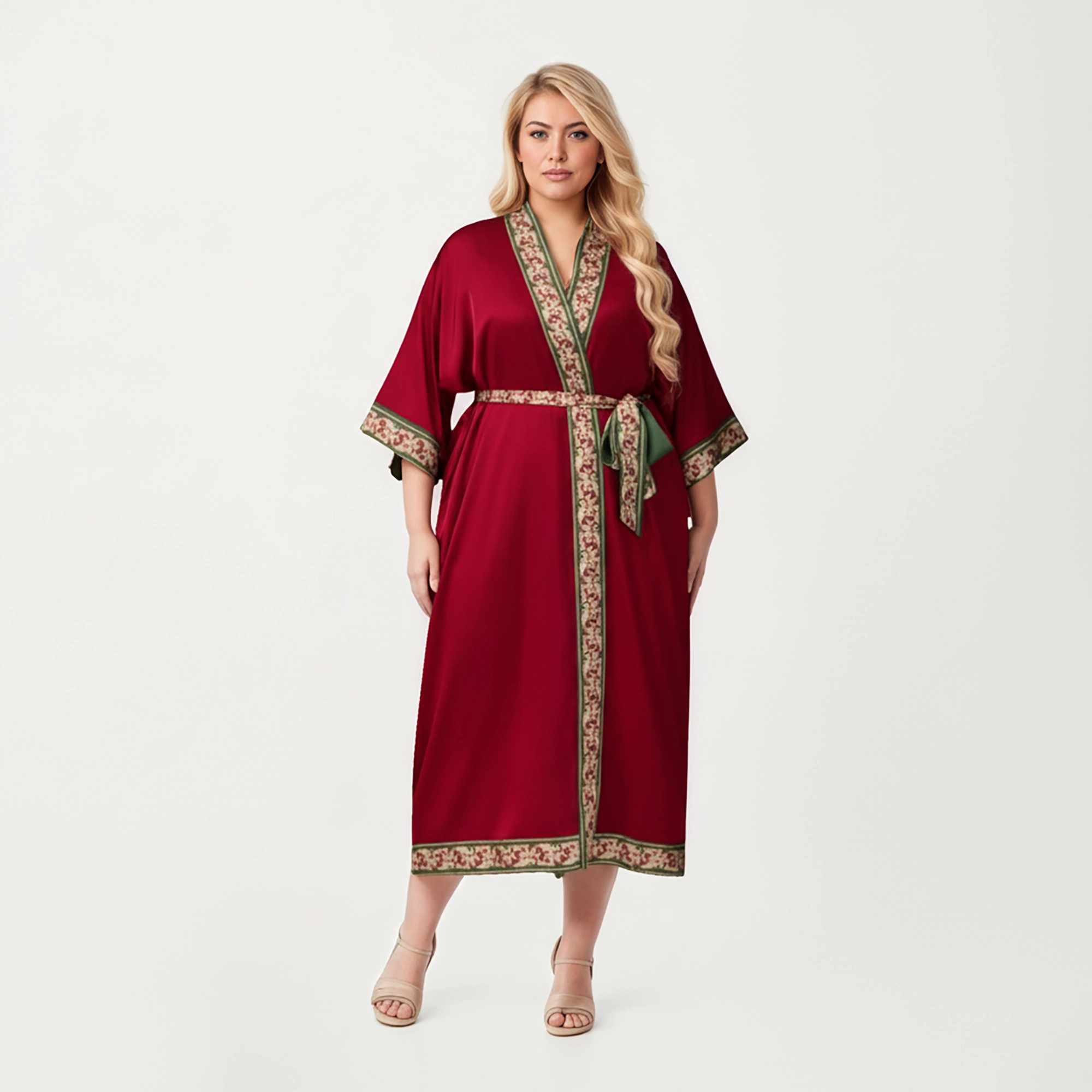 Anna-Kaci Women's Plus Size Long Robe with Decorative Trim Detailing and Soft Flowing Fabric