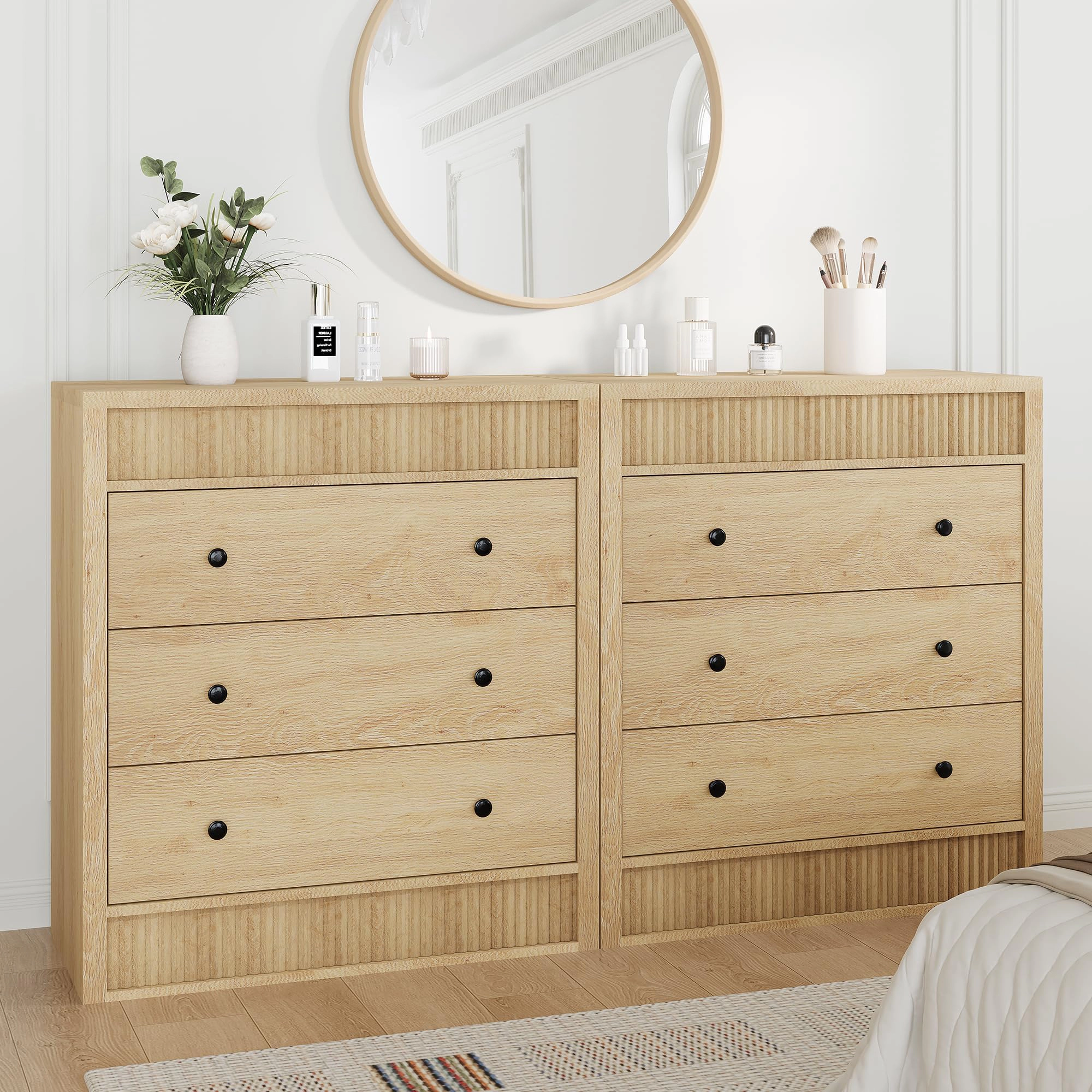 Fluted 3 Drawer Wooden Dresser, 31.5" Wide Modern Nightstand Storage Cabinet for Bedroom
