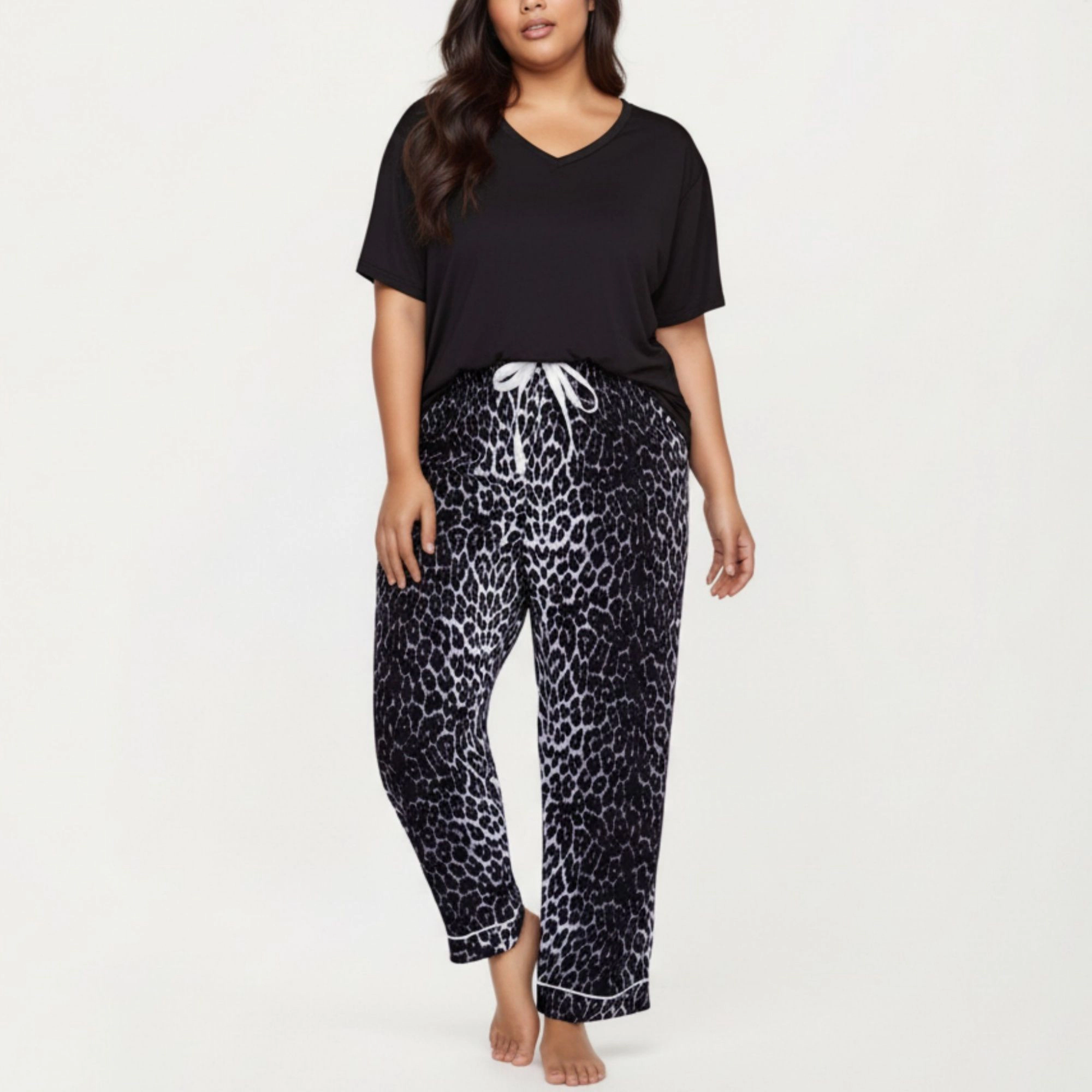 Anna-Kaci Women's 2-Piece V-Neck Short Sleeve Top and Leopard Print Pajama Pants with Soft Stretch Fabric