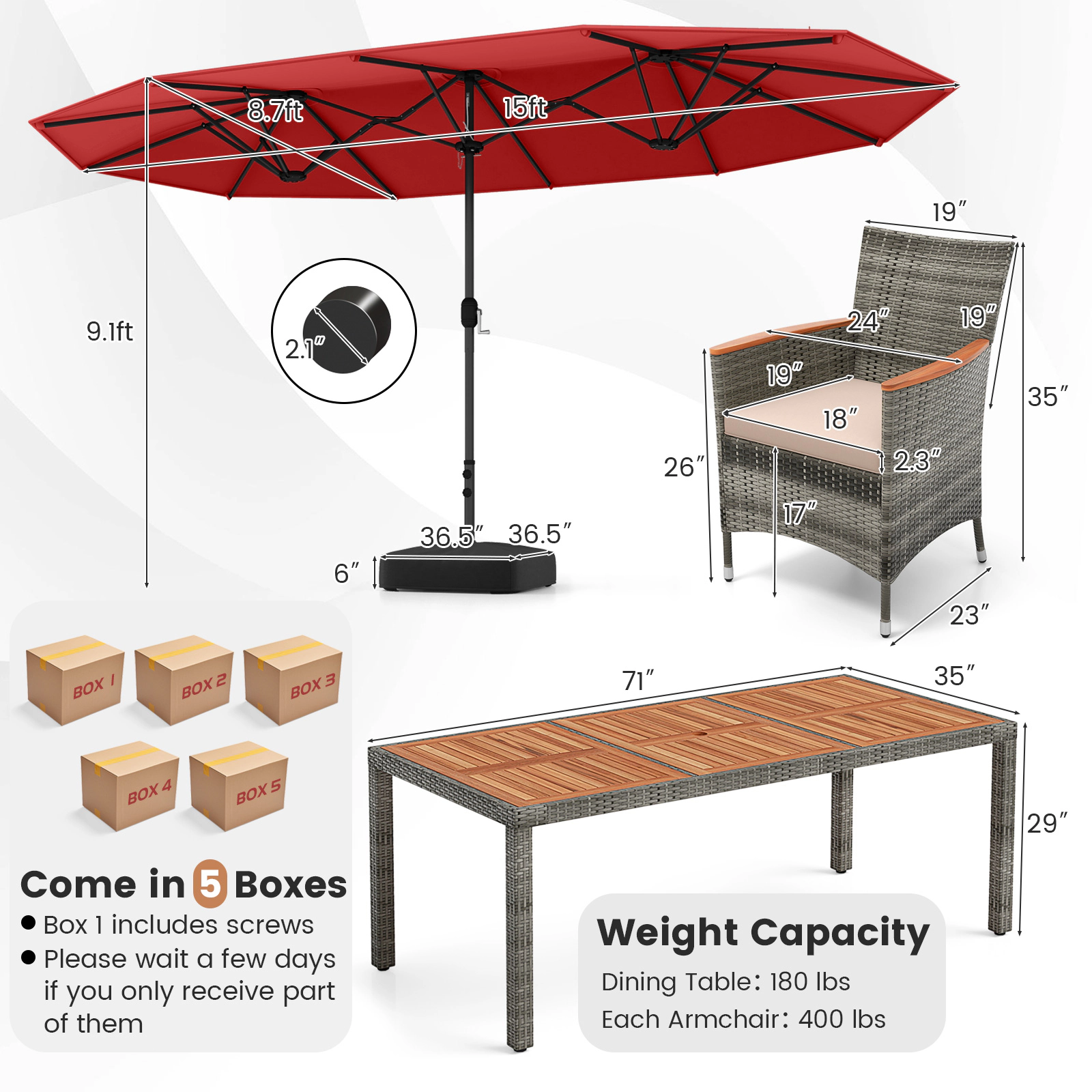 SUGIFT Red 15 Feet Double-Sided Umbrella and Base 10-Piece Patio Wicker Dining Set