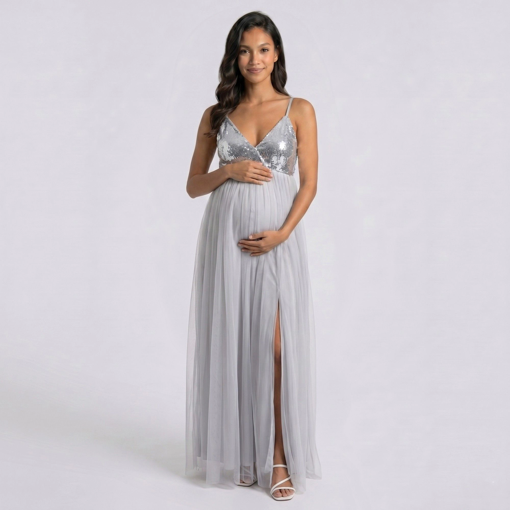 Anna-Kaci Women's Sequin Bodice Tulle Skirt Front Slit Maternity Maxi Dress
