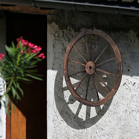 SUGIFT Set of 2 Brown Carbonized Fir Wood Decorative Wagon Wheels with Steel Rims 30-in Dia 1.5-in D